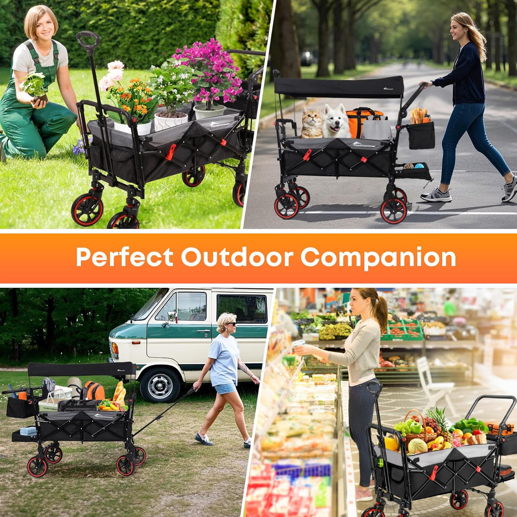 Wagon Stroller with Canopy,Large Capacity Trolley, Foldable Portable Cart with Canopy, Adjustable Push/Pull Handle, Shock-Absorbing Wheels, Suitable for Shopping,Traveling-B