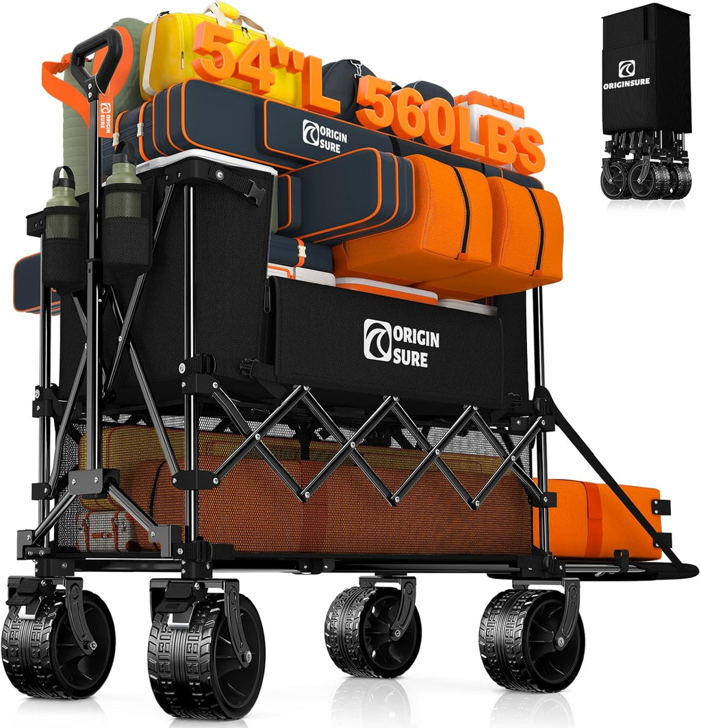 Originsure 400L Double Decker Wagon Collapsible with 54' L Tailgate, 560lbs Heavy Duty Carts Foldable, Extra Large Folding Beach Wagon with Big All-Terrain Wheels for Camping, Sports, Groceries, Black
