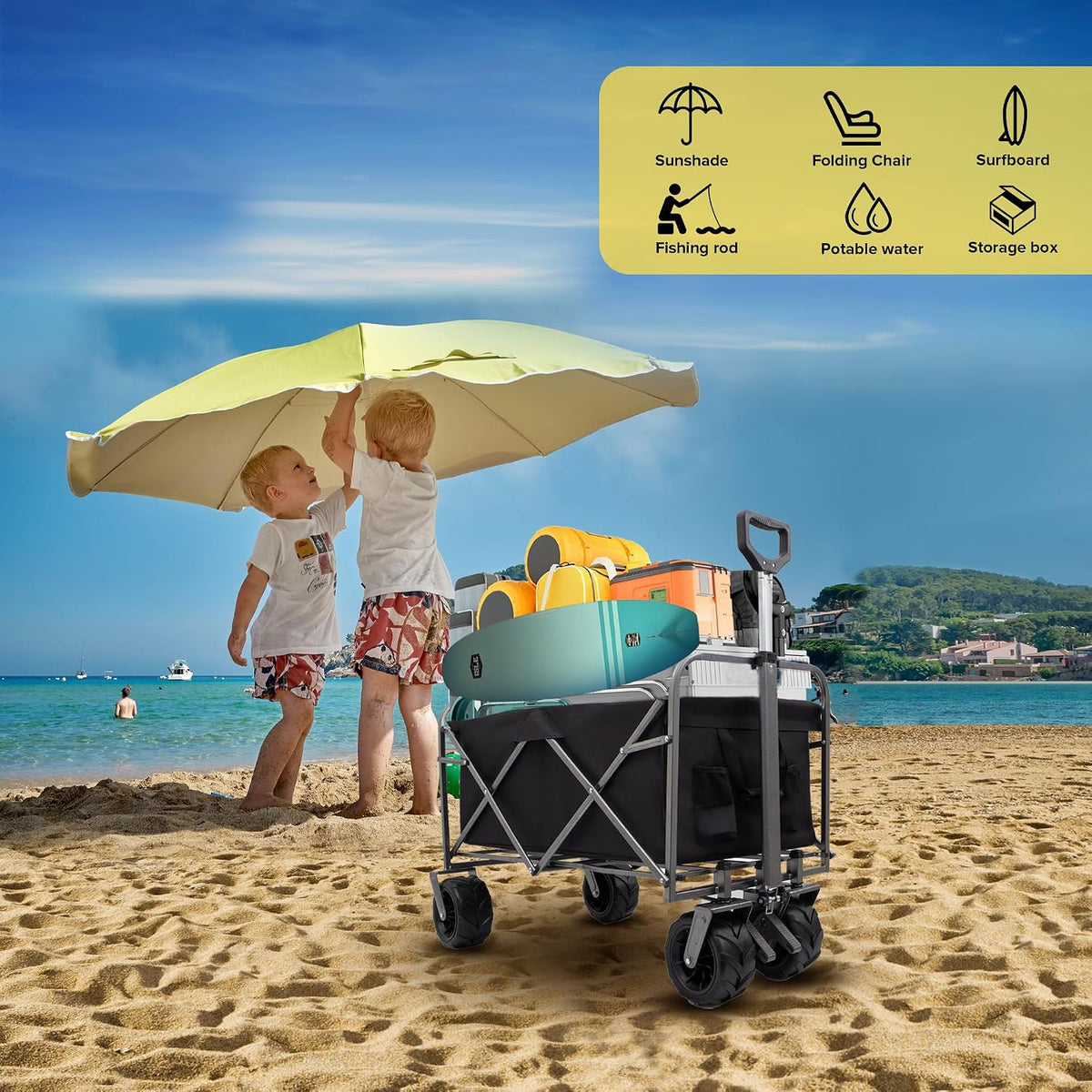 Collapsible Folding Wagon Cart, Portable Folding Beach Wagons with Wheels, Lightweight Utility Camping Wagon for Groceries, Shopping Sports Garden (Black)