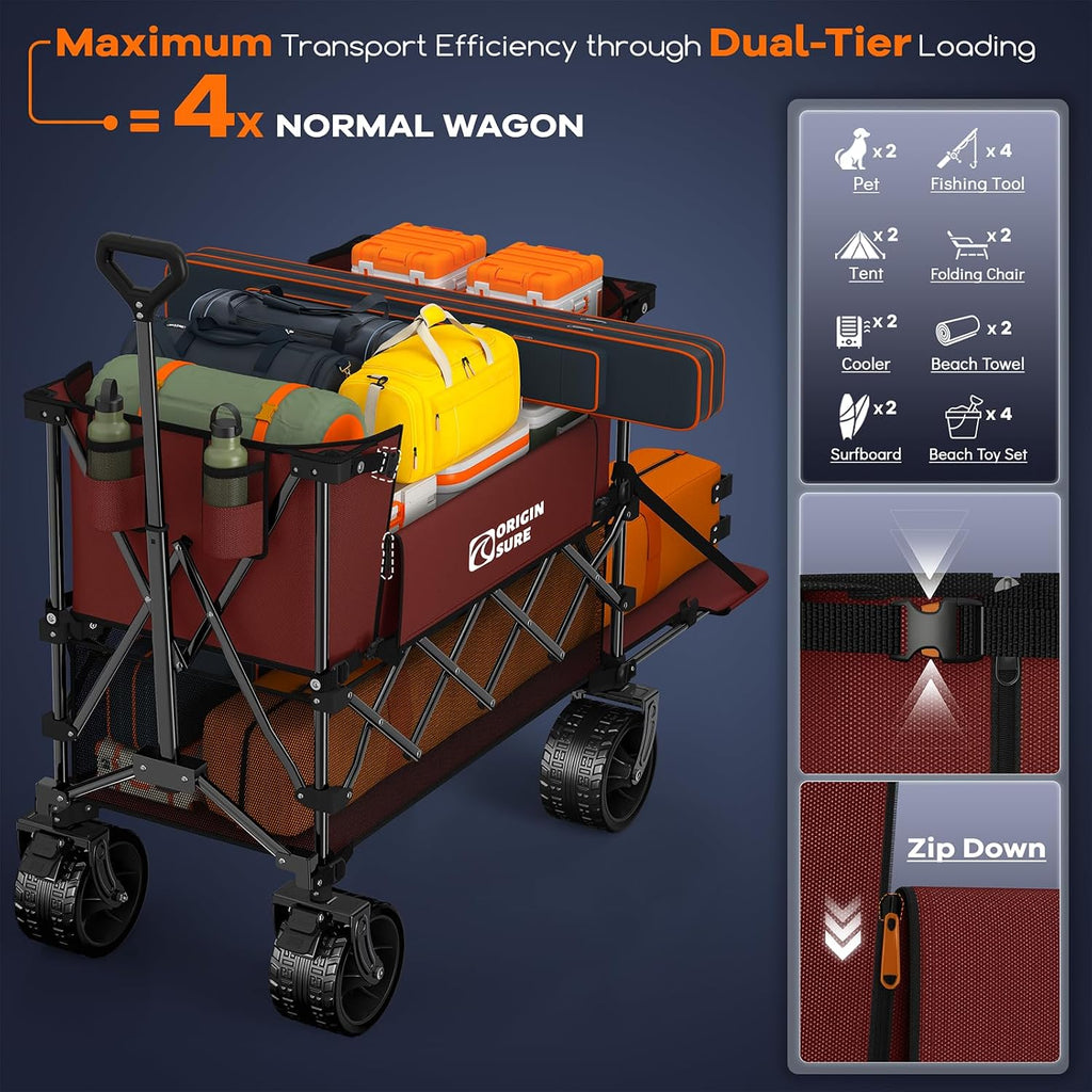 Originsure 400L Double Decker Wagon Collapsible with 54' L Tailgate, 560lbs Heavy Duty Carts Foldable, Extra Large Folding Beach Wagon with Big All-Terrain Wheels for Camping, Sports, Groceries, Red
