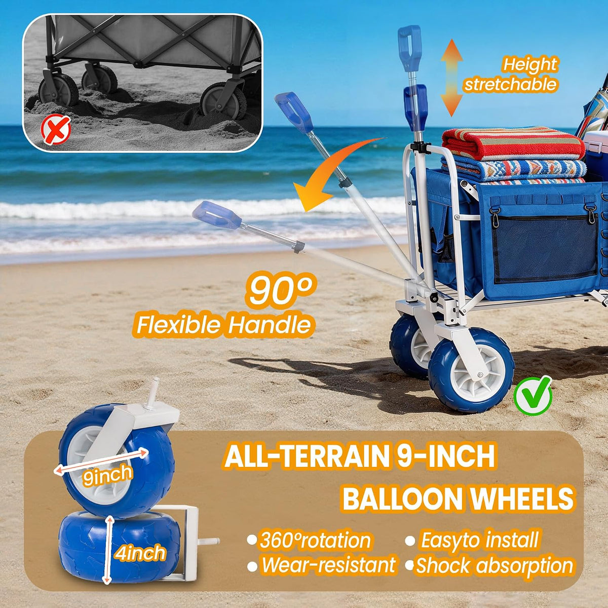 ZeHuoGe 500LBS Folding Wagon with Extendable Tailgate, Multi-Functional Wagon with 9' All-Terrain 360° Rotation Wheels, 2 Detachable Insulated Bags for Beach, Camping, Garden & Outdoor Sports