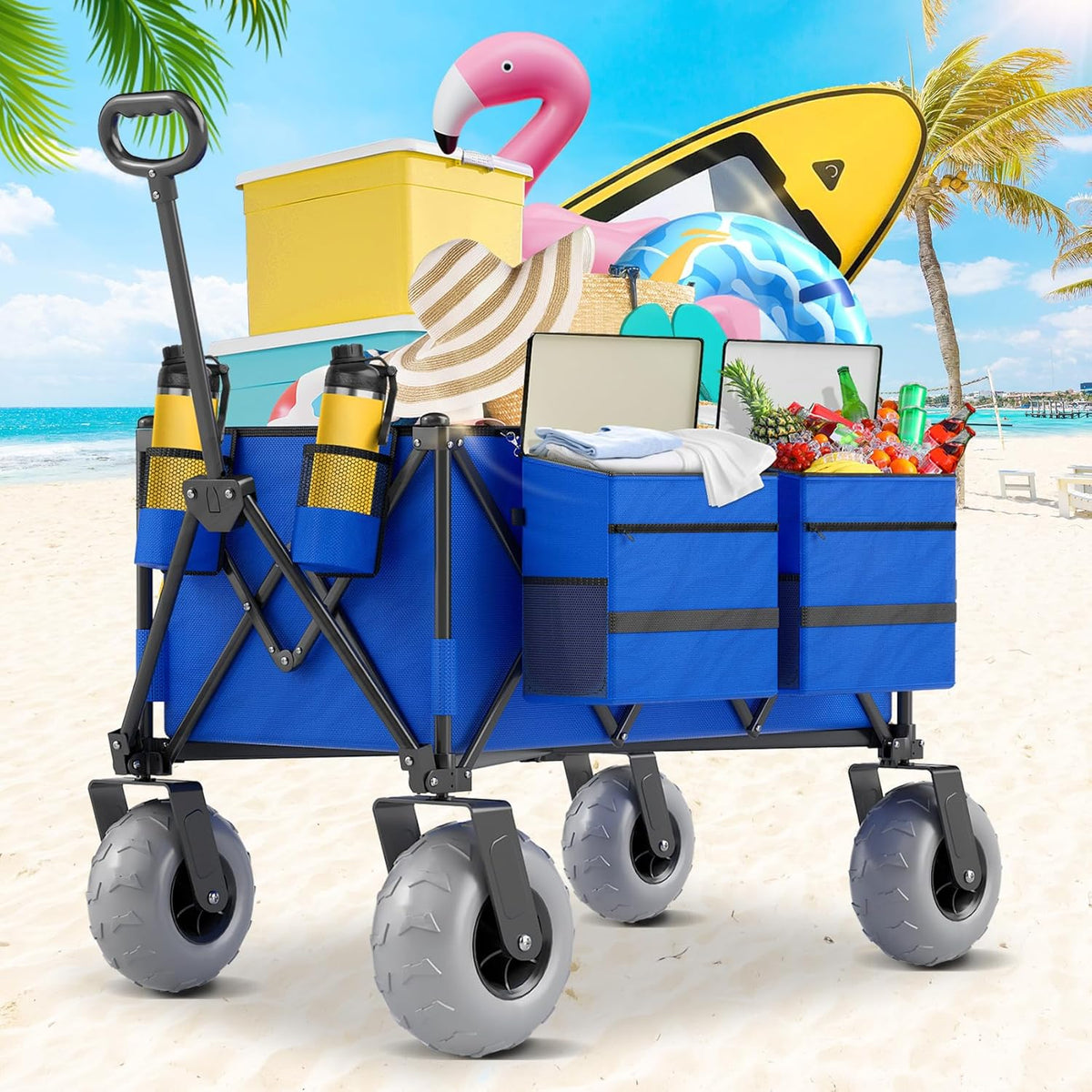 Beach Wagon with Big Wheels for Sand, 350lbs Heavy Duty Folding Wagon, Oversized 180L, 9' PVC All-Terrain Wheels, Adjustable Handle, Cooler & Storage Bags for Beach, Camping & Outdoor Sports (Blue)