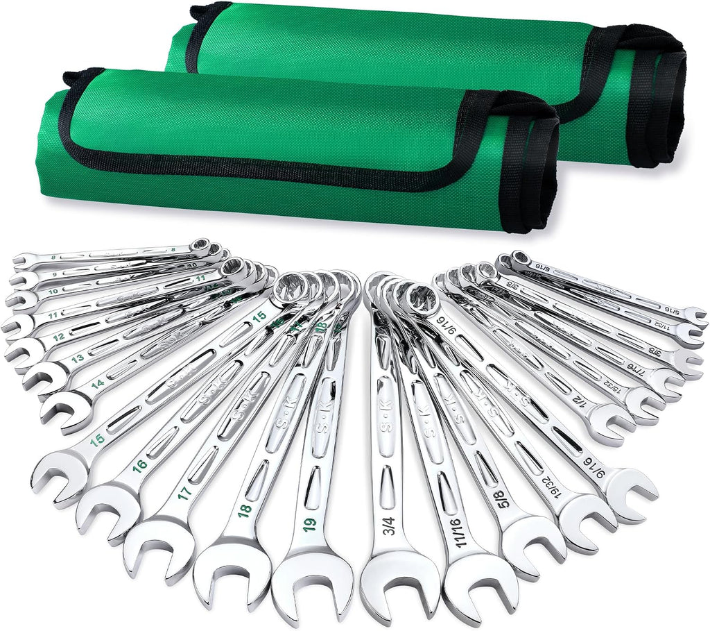 SK Combination Wrench Set, SAE 5/16' to 3/4', Metric 8 to 19mm, 23-Piece, SuperKrome Finish, Premium CR-V Construction, with Rolling Pouch