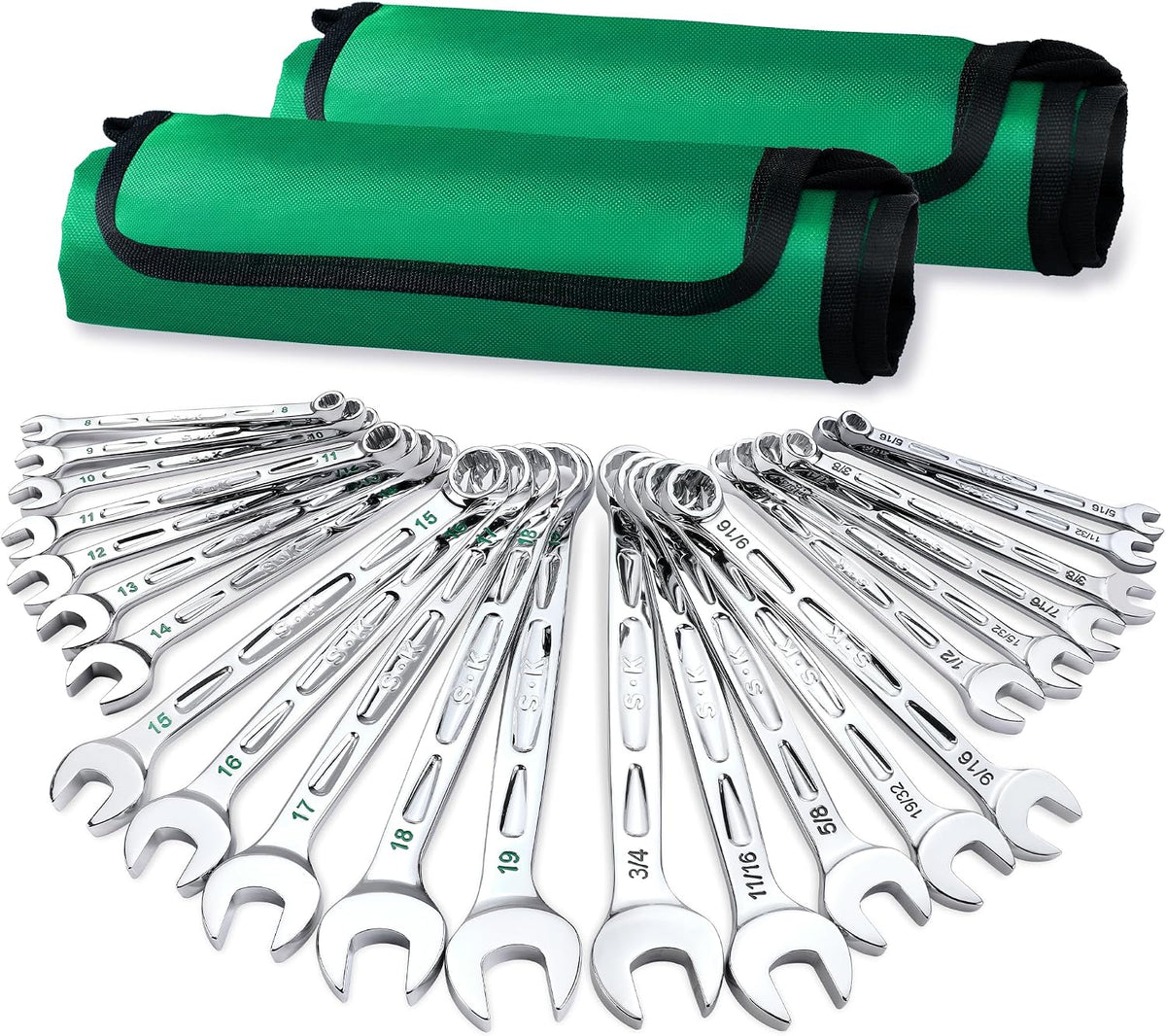 SK Combination Wrench Set, SAE 5/16' to 3/4', Metric 8 to 19mm, 23-Piece, SuperKrome Finish, Premium CR-V Construction, with Rolling Pouch