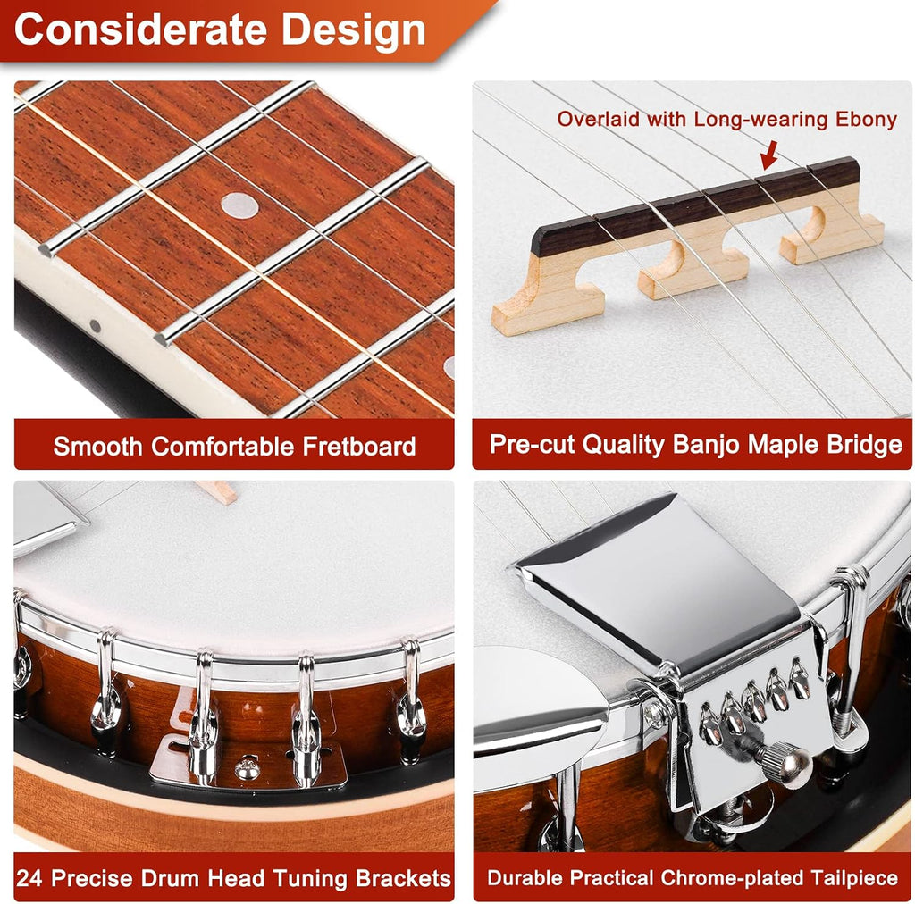 Vangoa Banjo 5 String Beginner Full Size Kit, Remo Head 24 Bracket Open Back Banjo Set with Resonator Starter Kit Gift Choice for Adults Youth Teen Beginner