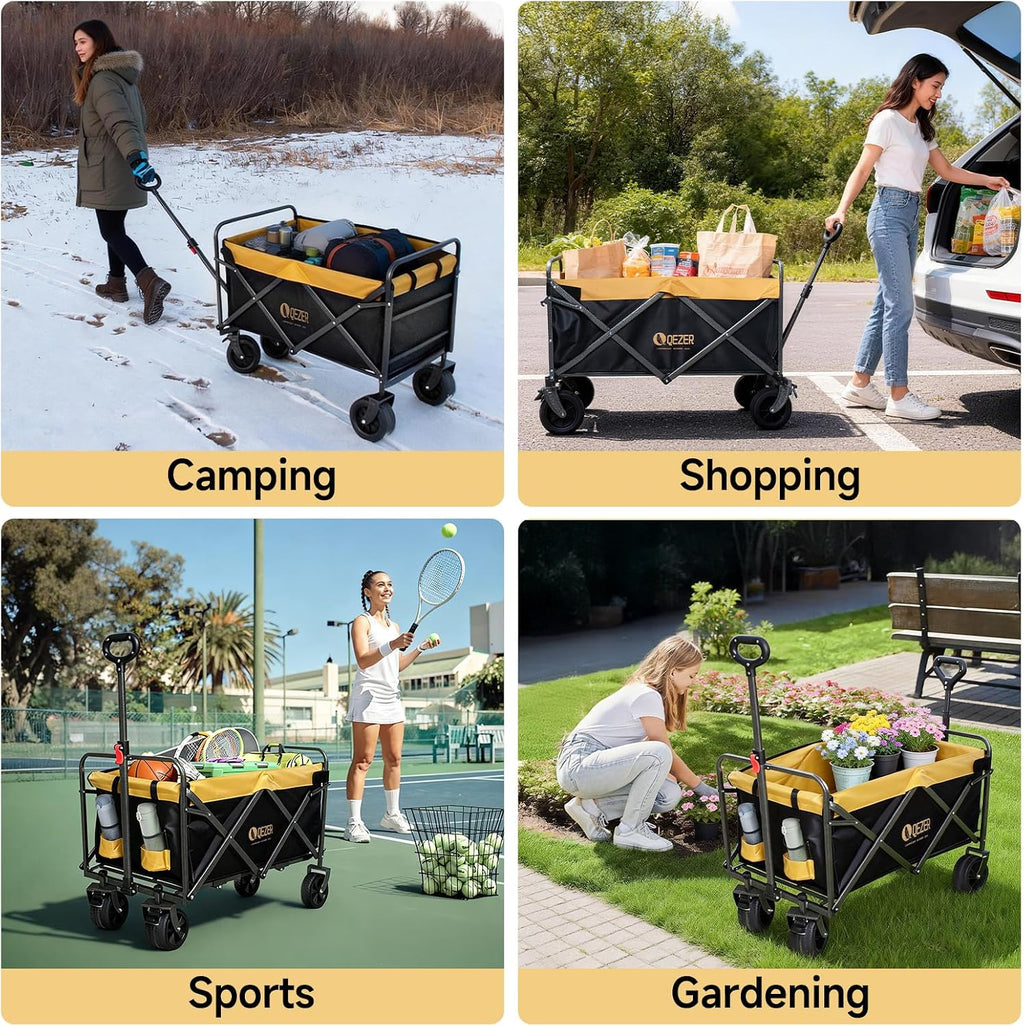 56' Large Collapsible Folding Wagon with Tailgate and Brake, 600LBS Heavy Duty Utility Cart, 250L Large All-Terrain Beach Wagon for Camping Garden Shopping Grocery Sports (Yellow, 250L)
