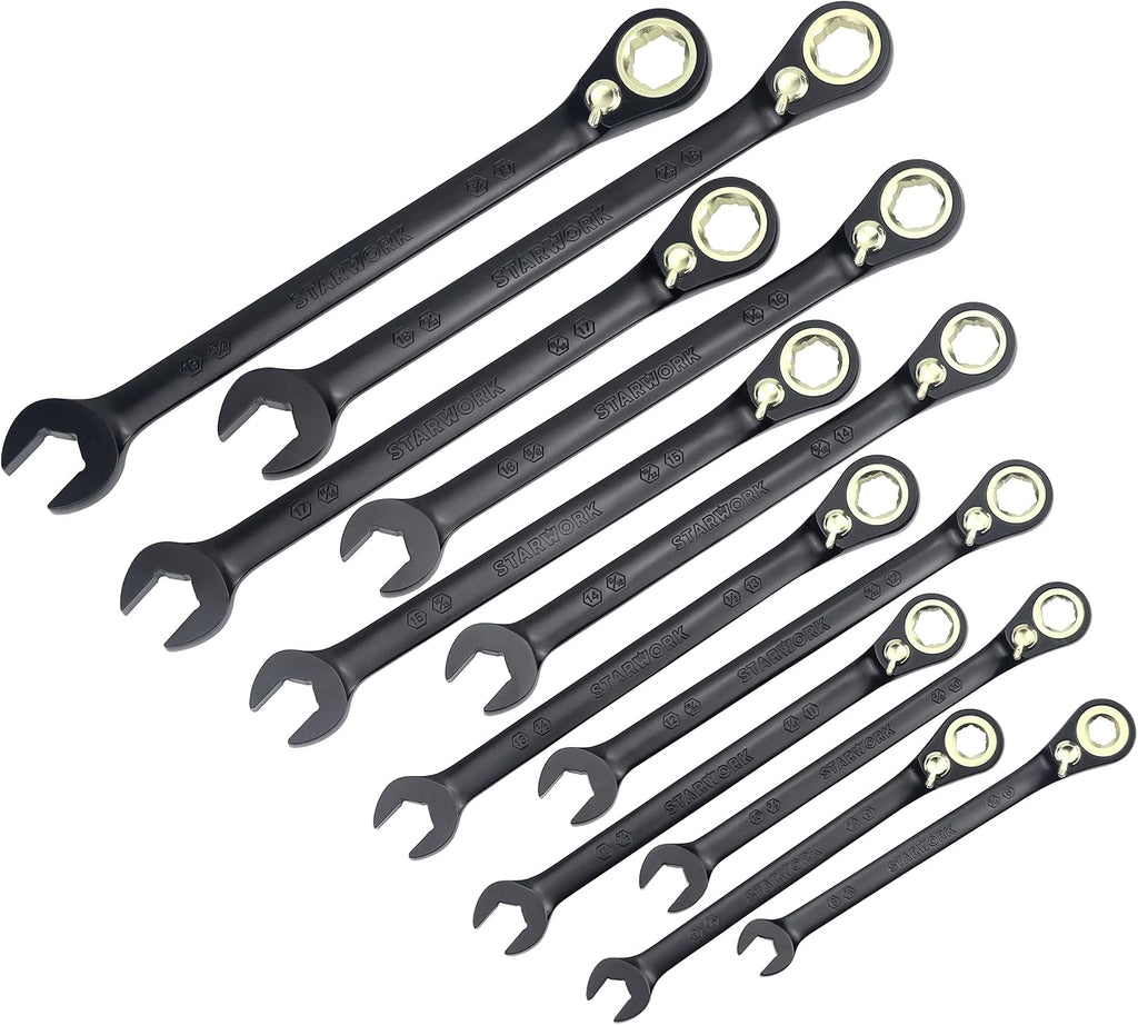 STARWORK TRUE MECHANIC™ 12-Piece 2-in-1 Reversible Ratcheting Wrench Set with Rolling Pouch, 120-Tooth, SAE&Metric