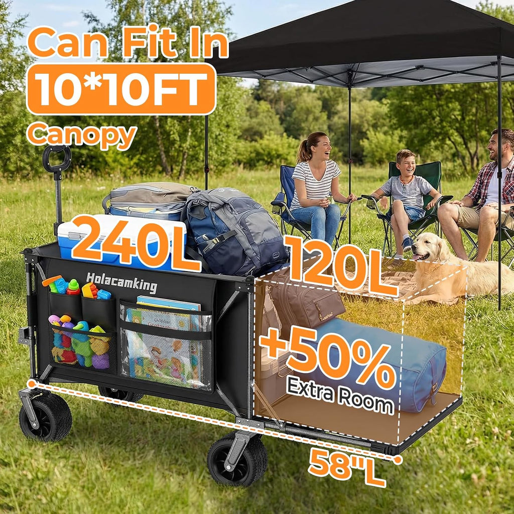 58'L Extender Collapsible Wagon, Extra Long Foldable Wagon Cart with Extended Tailgate, Heavy Duty Rolling Utility Cart with All-Terrain Big Wheels for Shopping Sports Beach, Black
