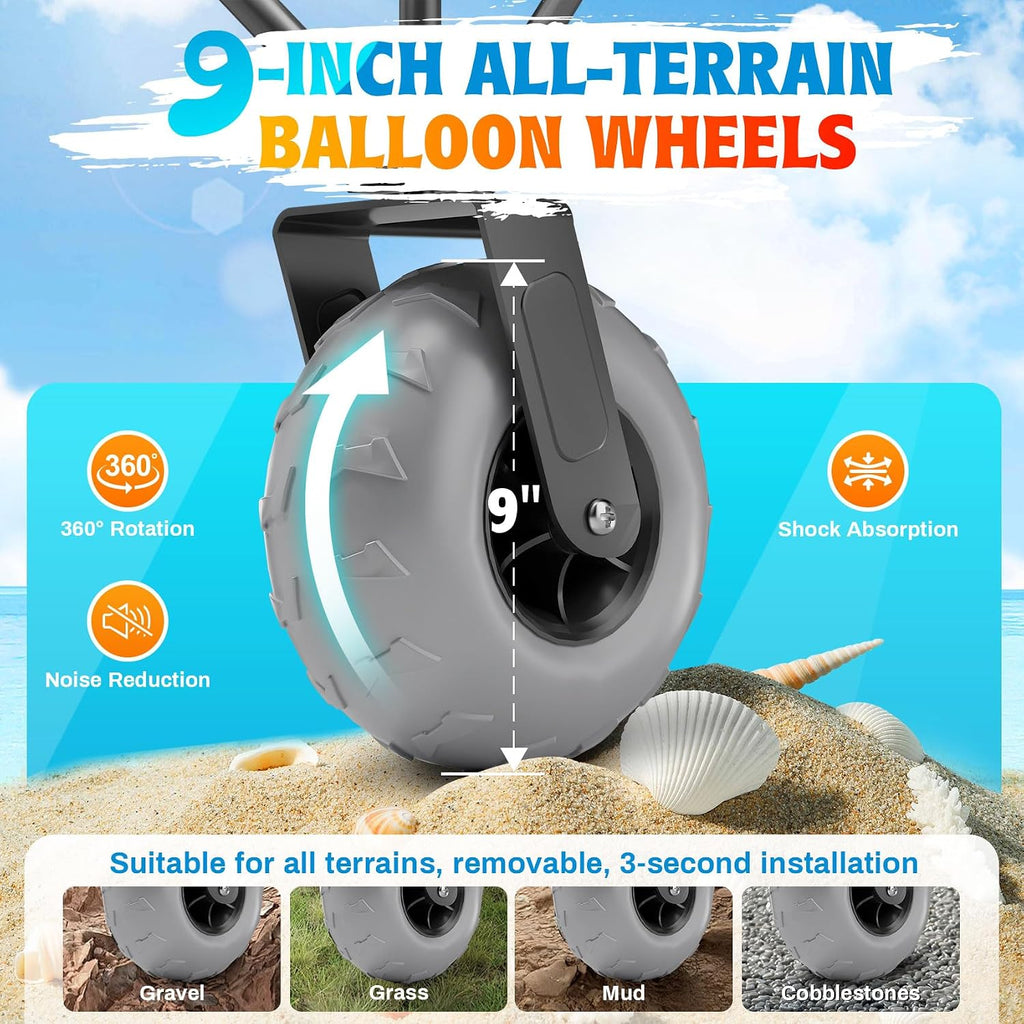 Heavy Duty Beach Wagon with 9' Big Wheels for Sand - 450lbs Load Foldable Wagon with Adjustable Handle & Cooler Bag, Collapsible Beach Cart for Shopping Garden Sports Camping Outdoor