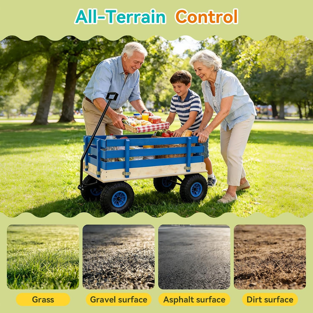 Garden Cart with Removable Side Panels, 176 lbs Capacity - Heavy-Duty Steel Yard Cart with Pneumatic Tires, Ideal for Gardening, Beach Use, and More (Blue-Black Handle)