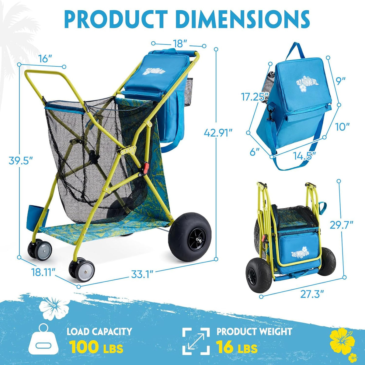 Old Bahama Bay Beach Cart with Big Balloon Wheels for Sand | Collapsible Beach Wagon with Cooler Bag, Umbrella Holder, Chair Rack & Large Mesh Storage, 100 LBS Capacity