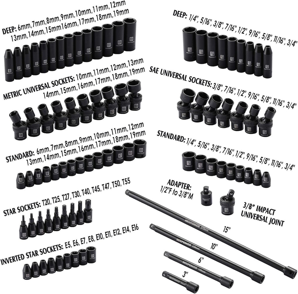 MIXPOWER 3/8'' Drive Master Impact Socket Set, 87-Piece Deep & Standard SAE and Metric,CR-MO, 1/4-Inch to 3/4-Inch and 6-19 mm, Impact Universal Sockets, Inverted Star Sockets, Extension Bar & Adapter