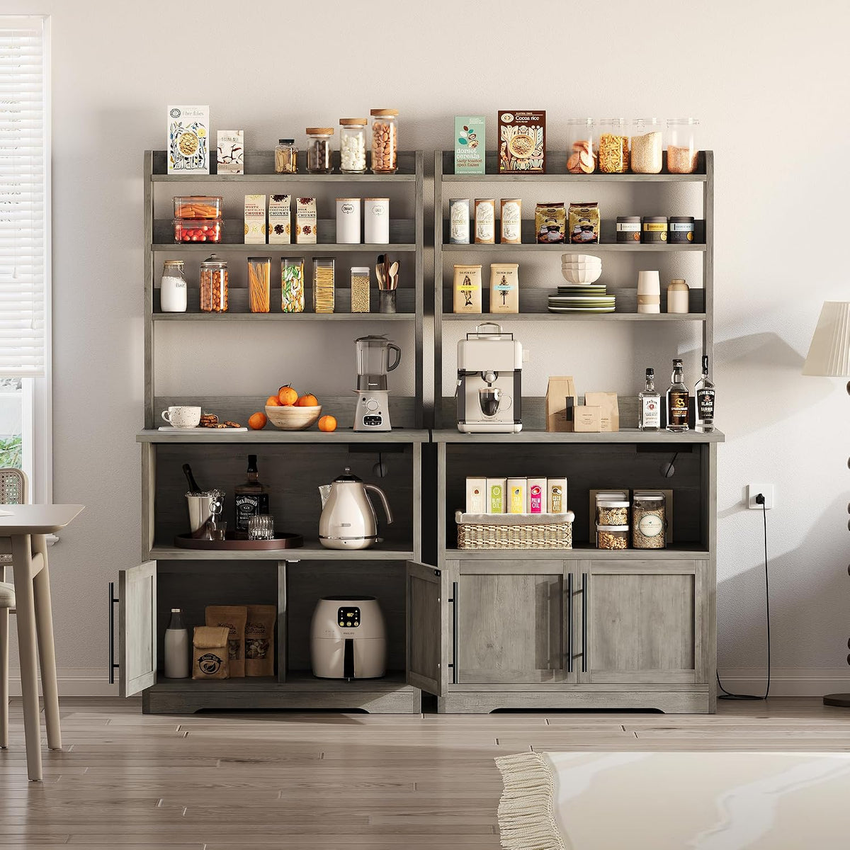 Farmhouse Bakers Rack with Power Outlets & Adjustable Shelf, Microwave Stand with Storage Cabinet - Kitchen Hutch, Coffee Bar Cabinet for Pantry Organization, Spices, Dishes & Cookware (Gray)