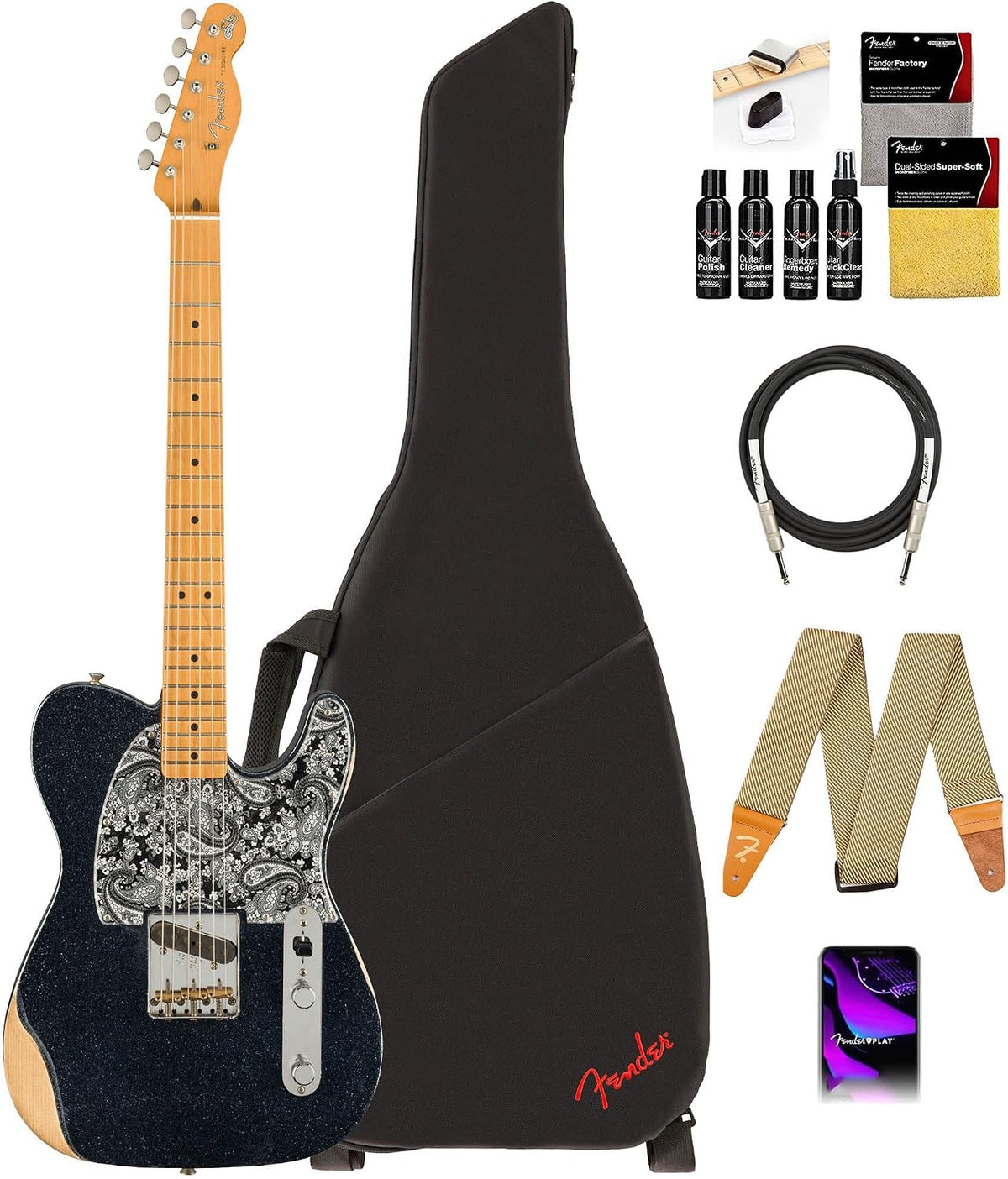 Fender Brad Paisley Esquire Telecaster - Black Sparkle Bundle with Gig Bag, Strap, Cable, and Guitar Cleaning Kit