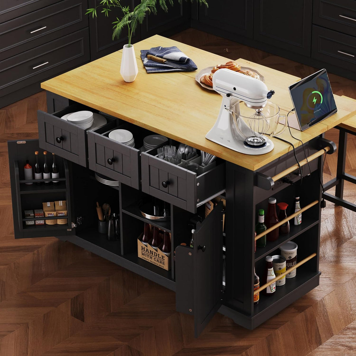 Kitchen Storage Island on Wheels with Drop Leaf & Power Outlet, Rolling Kitchen Island Cart with Open Side Racks, Door Shelves and Towel Bar, 53-Inch, Black