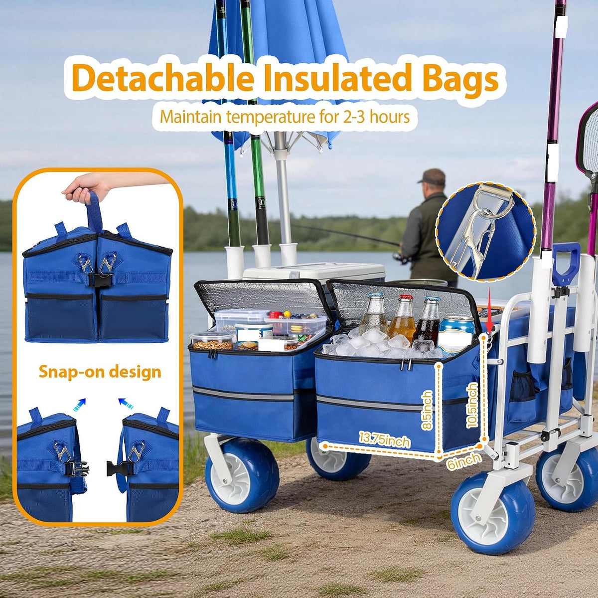 Beach Wagon Cart with Rod Holders & 9' All-Terrain Wheels, 500lbs Heavy Duty Collapsible Folding Utility Wagon with Cooler Storage Bags, Adjustable Handle for Beach Camping Fishing Outdoor Sports