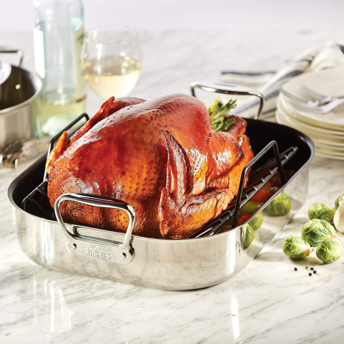 All-Clad Specialty Stainless Steel Large Roaster with Nonstick Rack 13x16 Inch Oven Broiler Safe 500F Roaster Pan, Pots and Pans, Cookware Silver