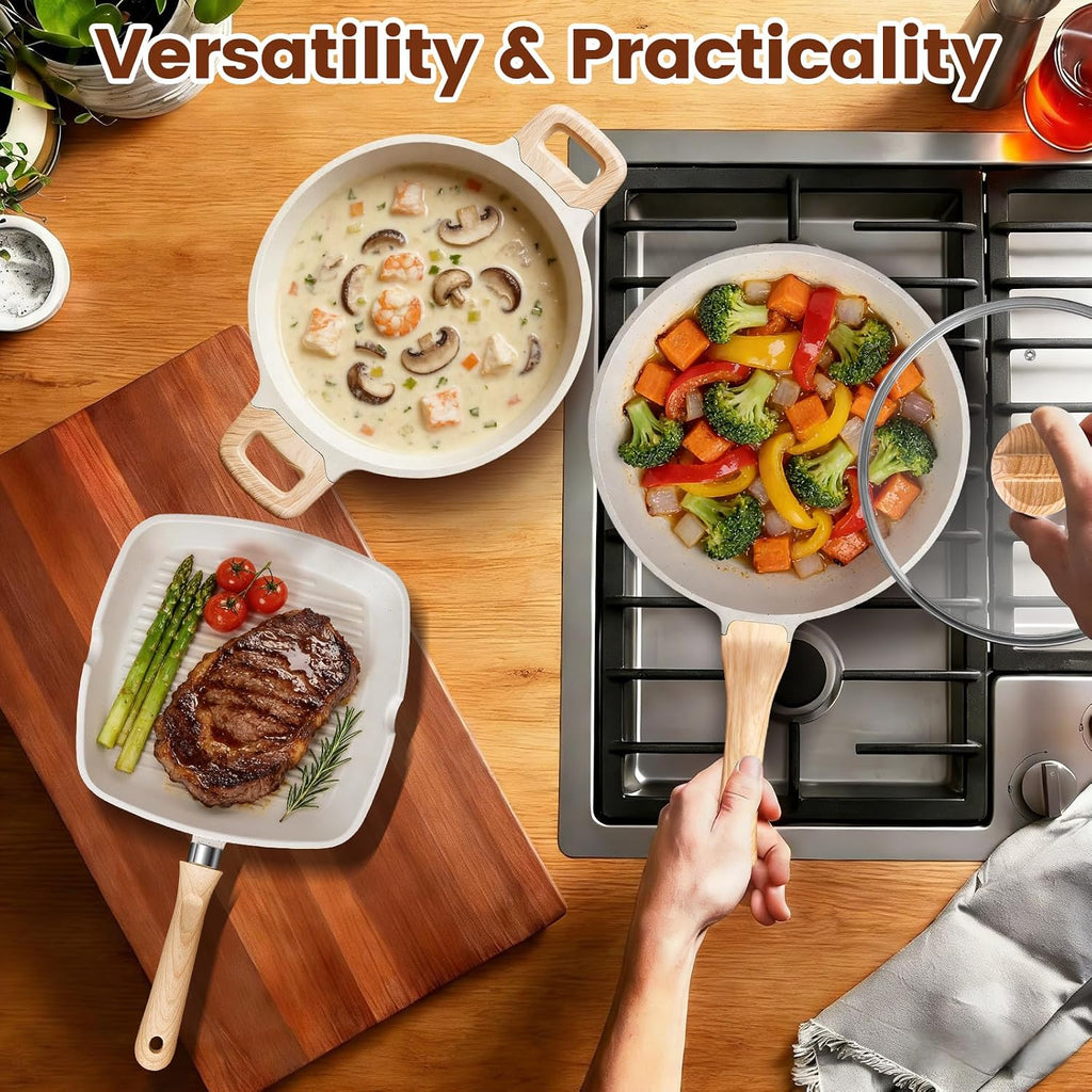 AOSION 27PCS Pots and Pans Set, Nonstick Ceramic Cookware Set, Healthy Kitchen Cooking Set with Gloves, Apron, Silicone Tools & Pot Protectors, Oven & Dishwasher Safe, PFOA/PFOS Free，Ivory