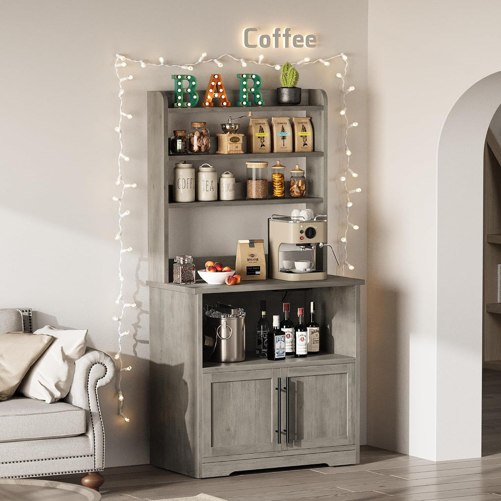 Farmhouse Bakers Rack with Power Outlets & Adjustable Shelf, Microwave Stand with Storage Cabinet - Kitchen Hutch, Coffee Bar Cabinet for Pantry Organization, Spices, Dishes & Cookware (Gray)