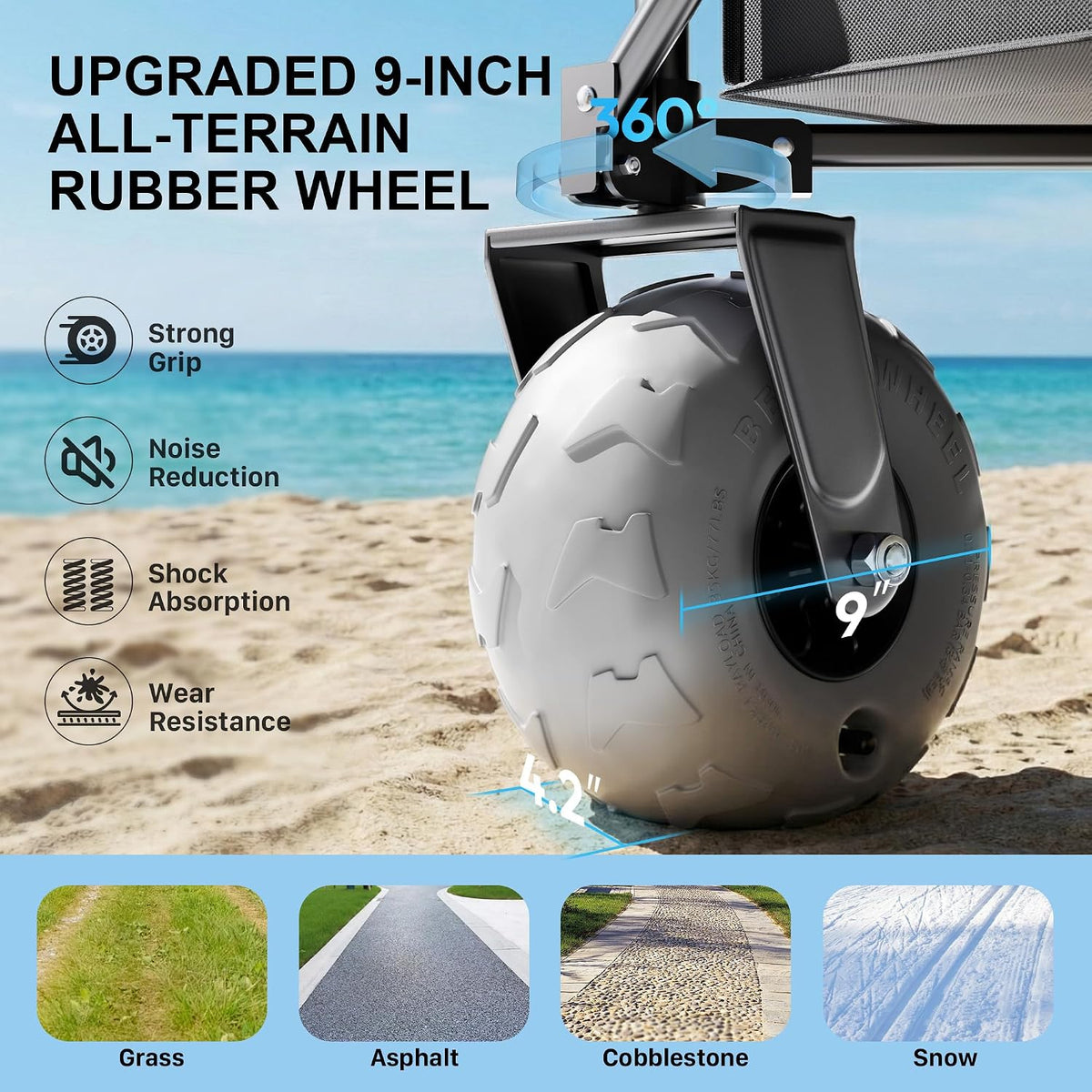 Beach Wagon with Big Wheels for Sand, 450LBS Heavy Duty Foldable Collapsible Wagons Carts with 9' All Terrain Inflatable Tires, Adjustable Capacity 200L–380L for Groceries, Camping, Sports
