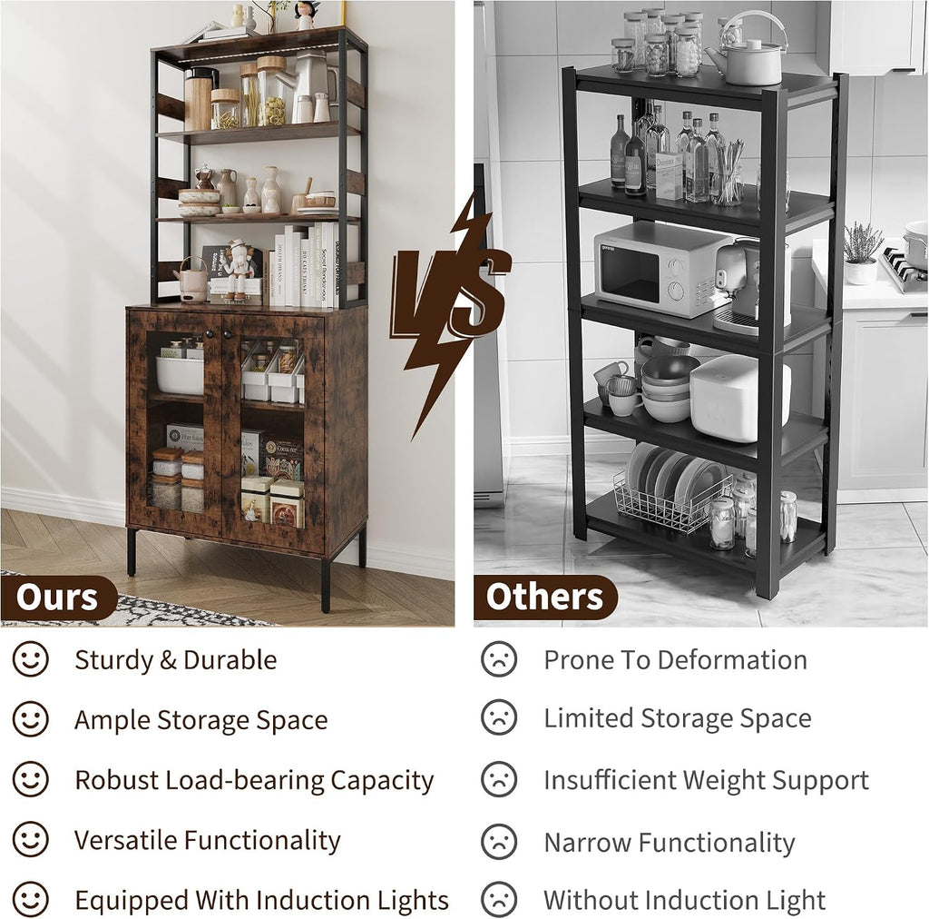 IDEALHOUSE 67' Tall Wine Bar Cabinet for Liquor and Glasses,Farmhosue Coffee Bar Cabinet,Pantry Storage with RGB LED Lights,Power Outlet,Adjustable Shelves,for Home,Dining Room,Kitchen(Brown)