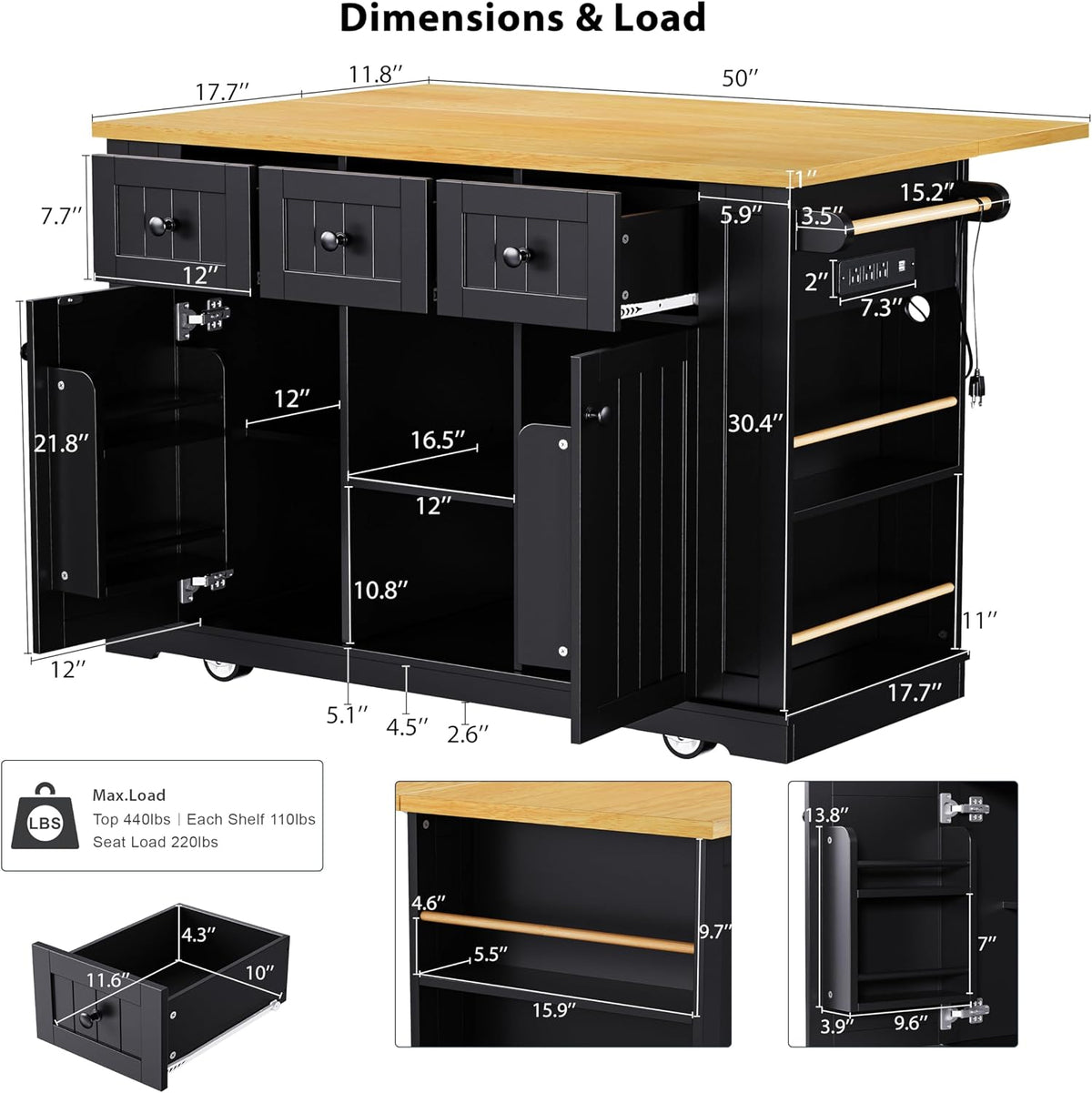 Kitchen Storage Island on Wheels with 2 Bar Stools, Rolling Drop Leaf Kitchen Island Cart with Power Outlet, Open Side Racks, Door Shelves and Towel Bar, 53-Inch, Black