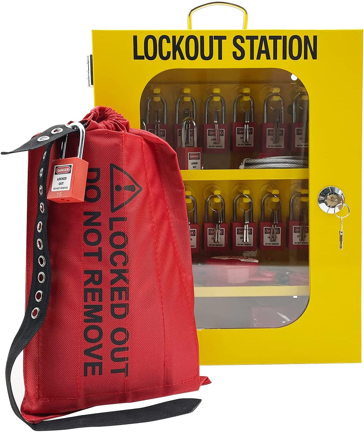 SAFBY Lockout Tagout Station Kit Board Locks 80pcs,Lock Out Tag Out Loto Hasps,Tags,Circuit Breaker Lockout,Ball Valve Lockout,Electrical Plug Lockout,Steel Cable Lockout (Big Yellow Station)