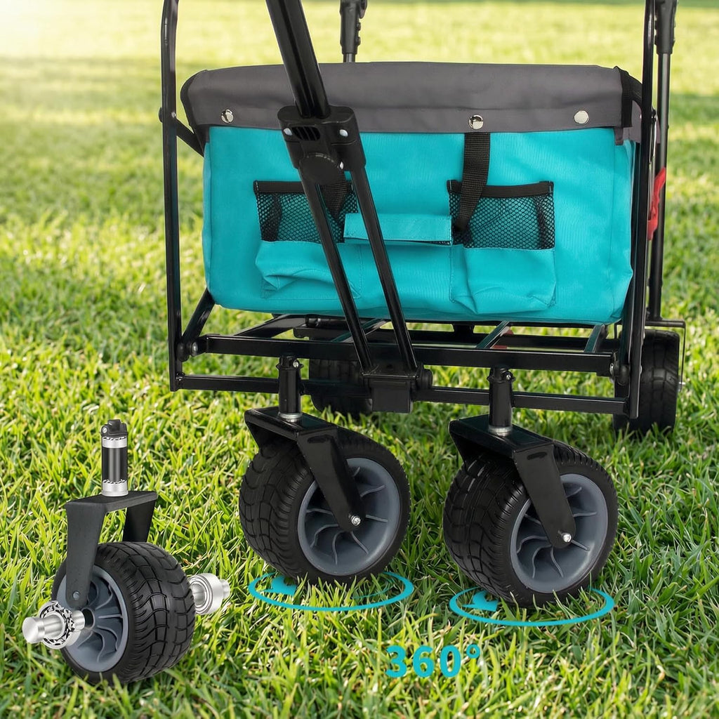 TMZ All Terrain Utility Folding Wagon, Collapsible Garden Cart, Heavy Duty Beach Wagon, for Shopping, Camping, and Outdoor Activities with Push Handle and Brake (Turquoise/Grey)