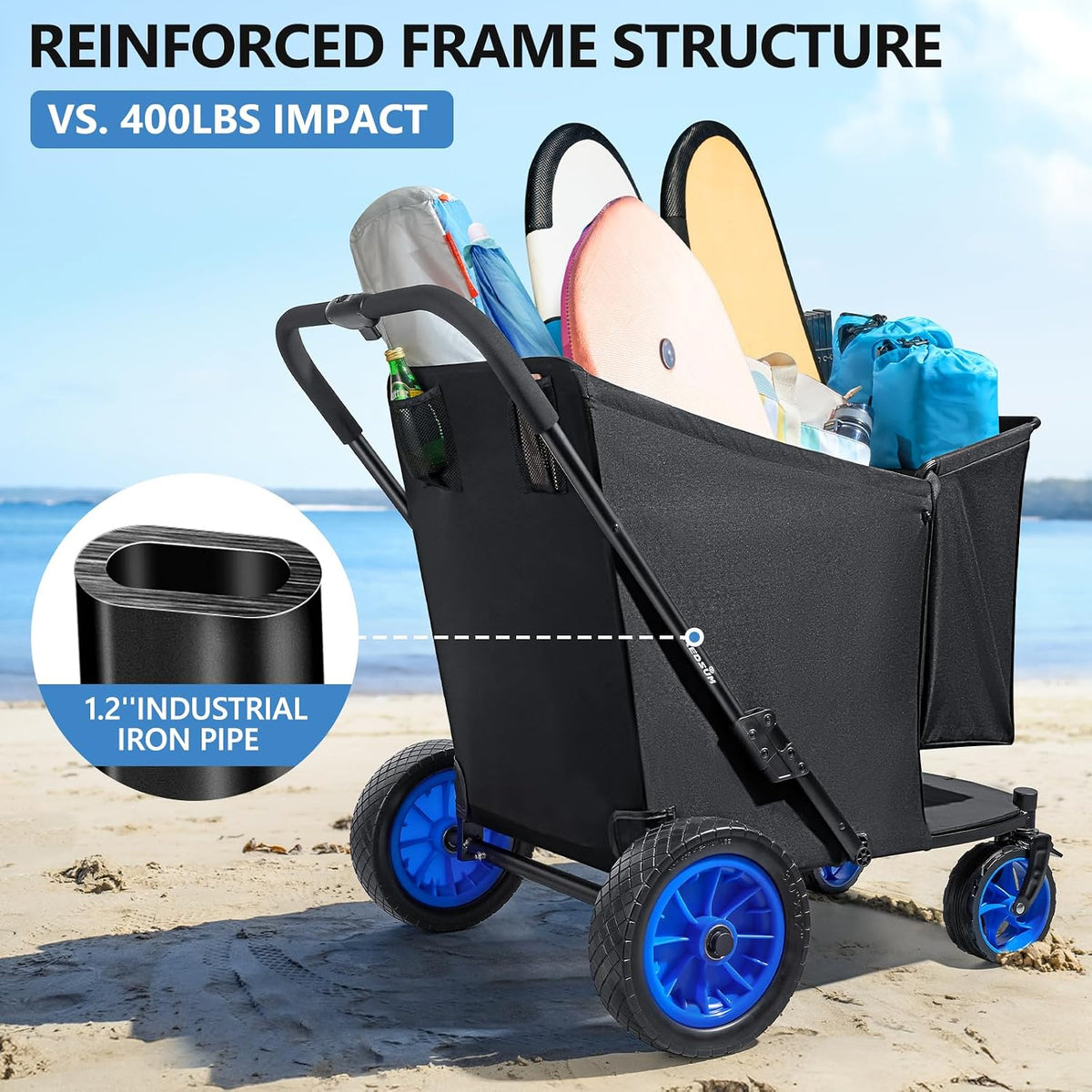 KEDSUM 11.3 Cu.Ft. 400LBS Upgrade Huge Beach Wagon with Big Wheels for Sand, 12' All-Terrain Rubber Wheels Beach Cart, Collapsible Wagon for Sand for Camping, Outdoor, Shopping, One-Click Foldable