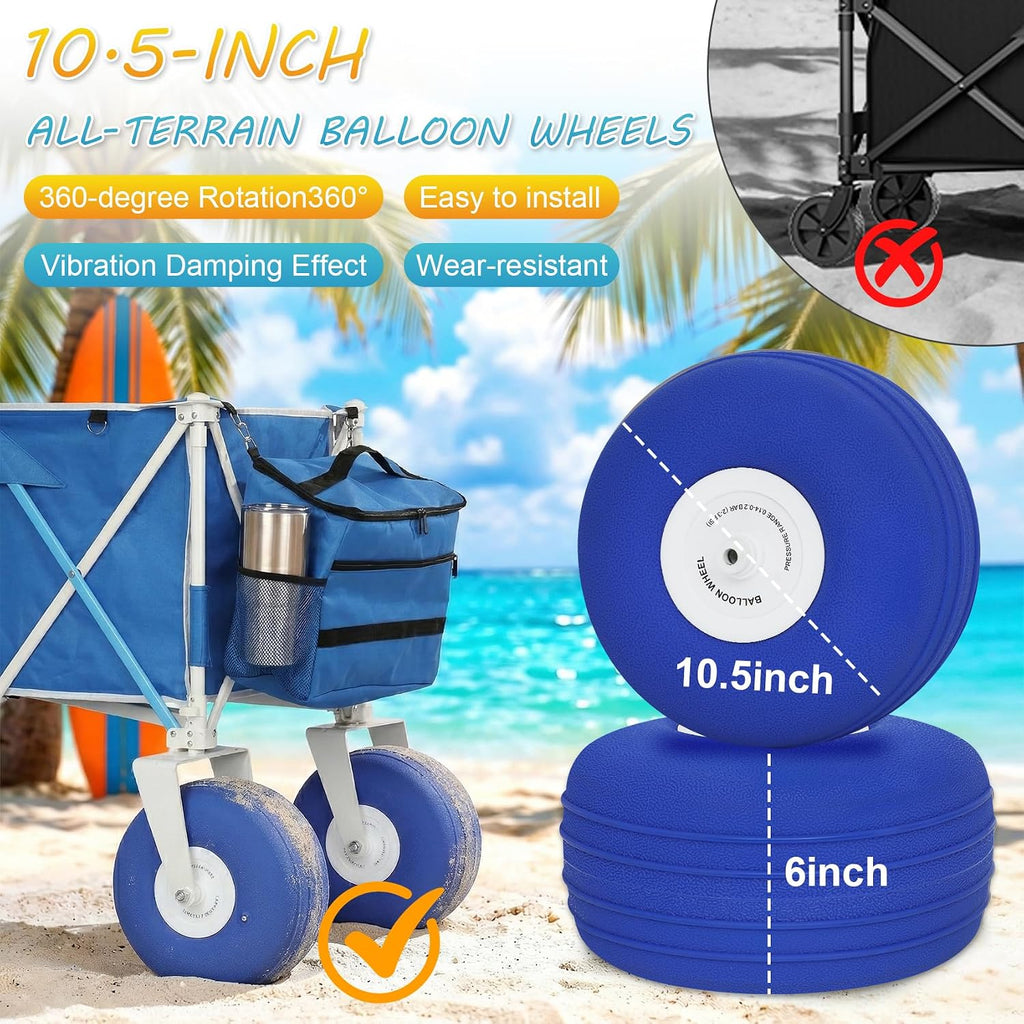 Beach Wagon with Big Wheels for Sand, Heavy Duty 350lbs Folding Beach Wagon with 10.5' All-Terrain Inflatable Wheels, Utility Cart for Camping, Outdoor Shopping, Garden & Sports, Includes Air Pump