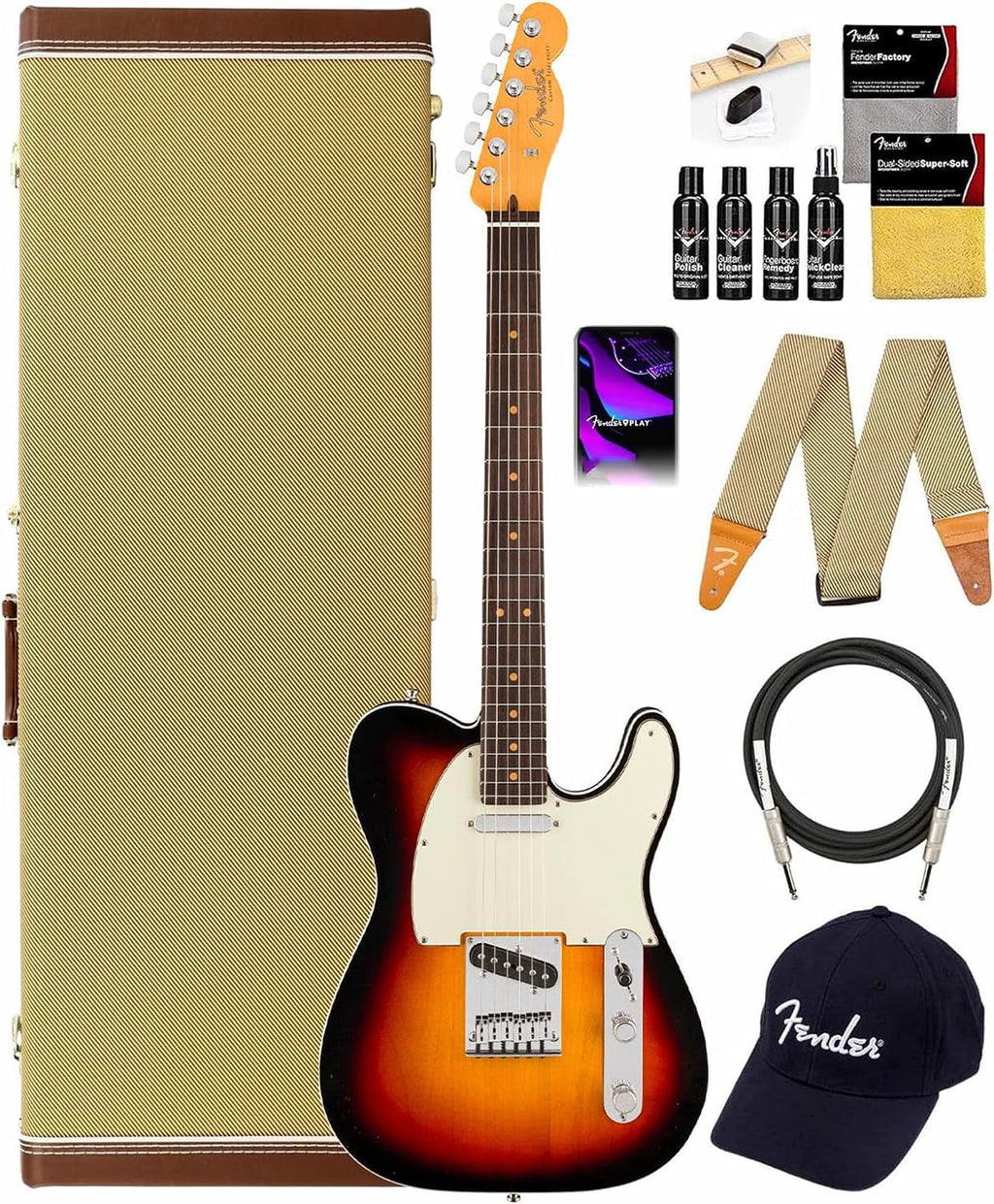 Fender American Ultra Luxe Vintage '60s Telecaster Custom, Rosewood Fingerboard - 3-Color Sunburst Bundle with Case, Hat, Strap, Cable, and Guitar Cleaning Kit