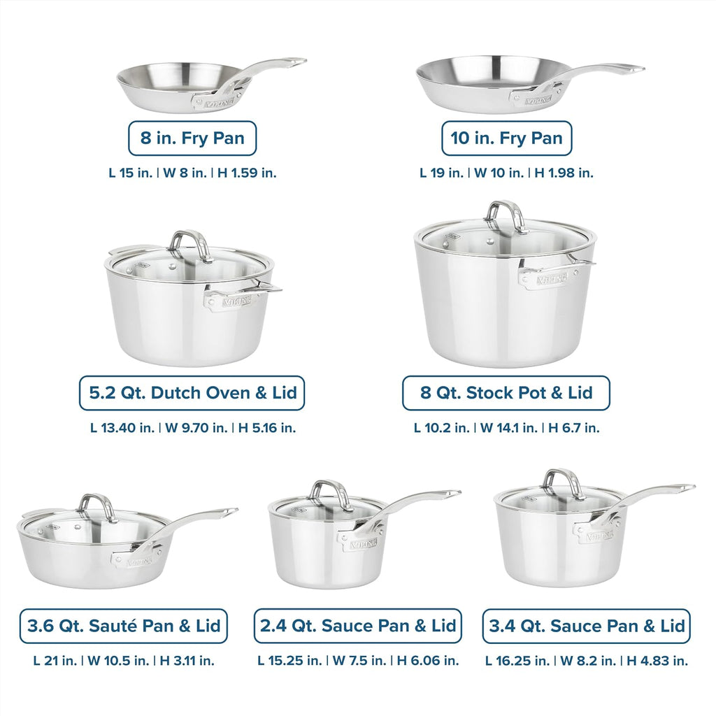 Viking Contemporary 3-Ply Pots and Pans Set, 12 Piece Stainless Steel Kitchen Cookware with Glass Lids, Silver