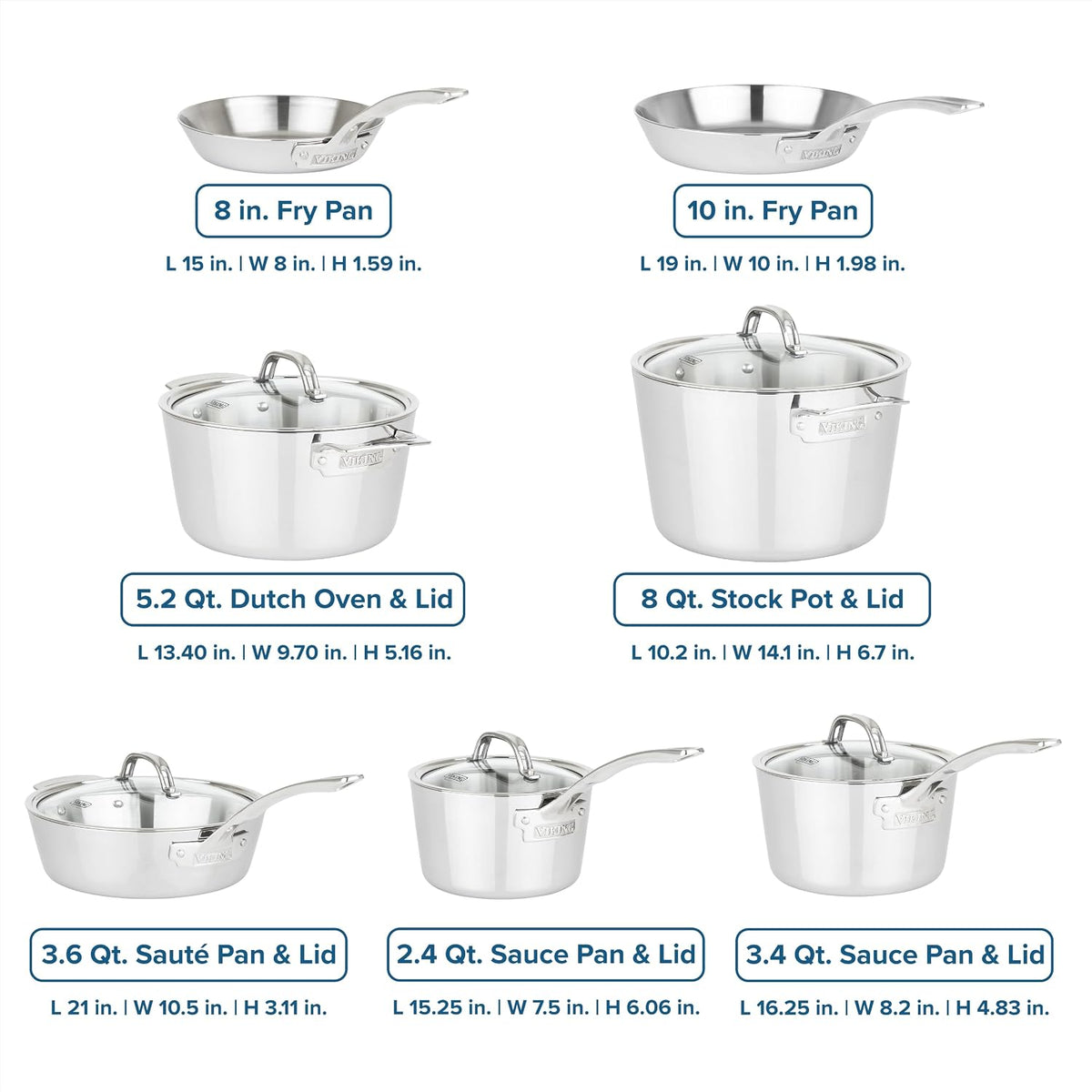 Viking Contemporary 3-Ply Pots and Pans Set, 12 Piece Stainless Steel Kitchen Cookware with Glass Lids, Silver
