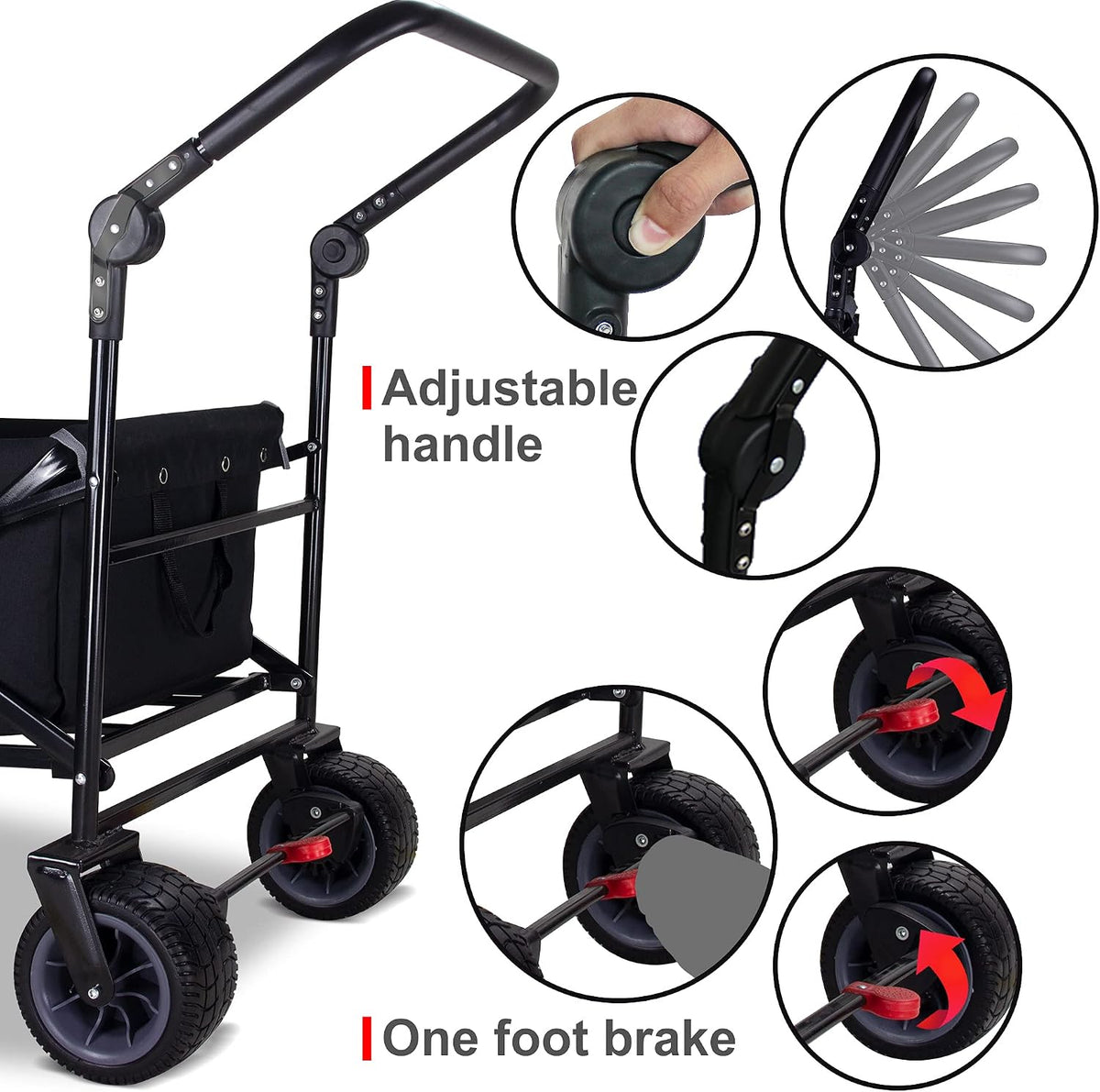 TMZ All Terrain Utility Folding Wagon, Collapsible Garden Cart, Heavy Duty Beach Wagon, for Shopping, Camping, and Outdoor Activities with Push Handle and Brake (Black/Grey)