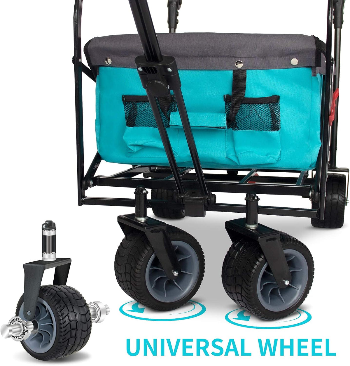 Folding Utility Wagon | Heavy-Duty Collapsible Cart with Brakes & Adjustable Handle | for Gardening, Beach Trips, Camping, Shopping & Outdoor Transport (Turquoise/Grey)