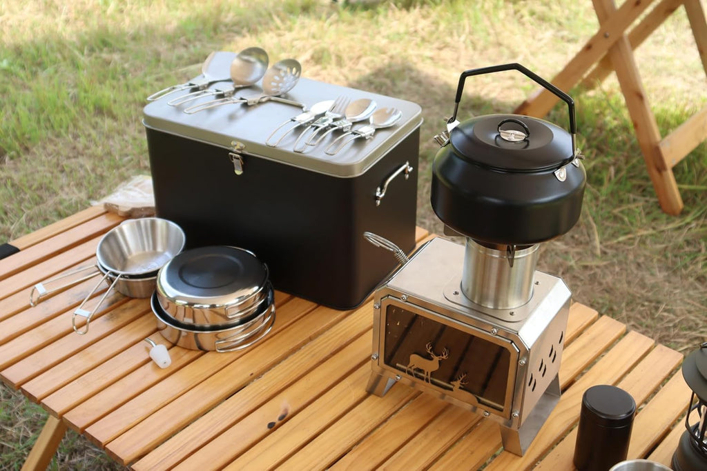 SOTECH Camping Cookware Set, 20 Pieces, Stainless Steel and Black
