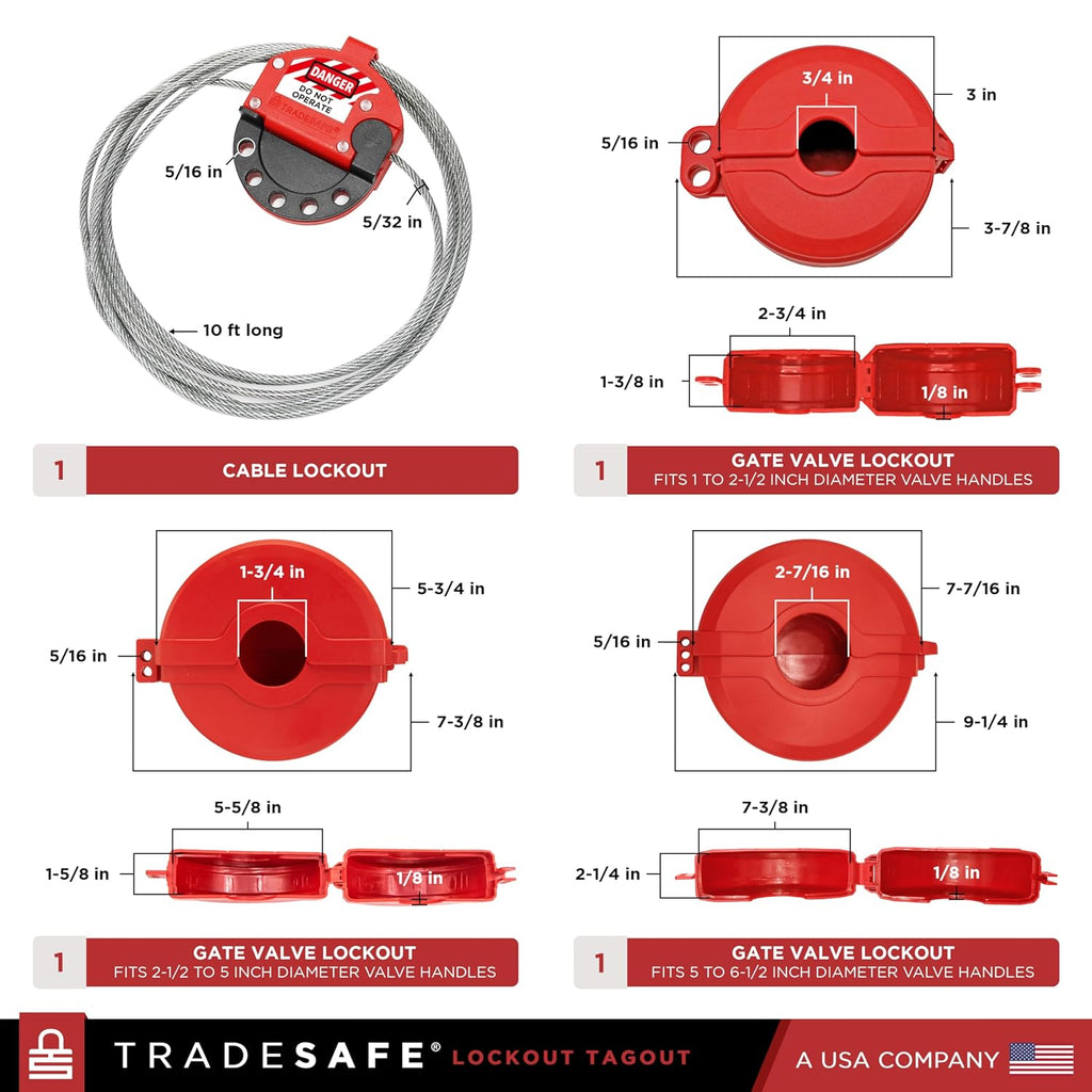 TRADESAFE Valve Lockout Tagout Kit - 55 Loto Devices, Ball, Butterfly, and Gate Valve Lockout Devices, Loto Locks, Cable Lock, Hasps, Tags, OSHA Compliant