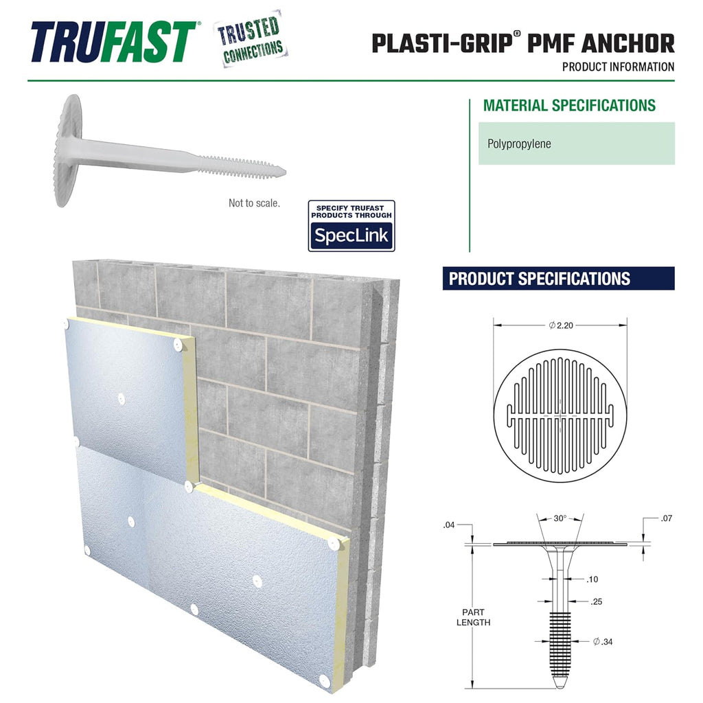 TruFast 4.5' Plasti-Grip PMF Fastener (250 EA) White Plastic Heavy-Duty Insulation Anchors for Securing on Masonry, Brick, Concrete, and Stone Walls