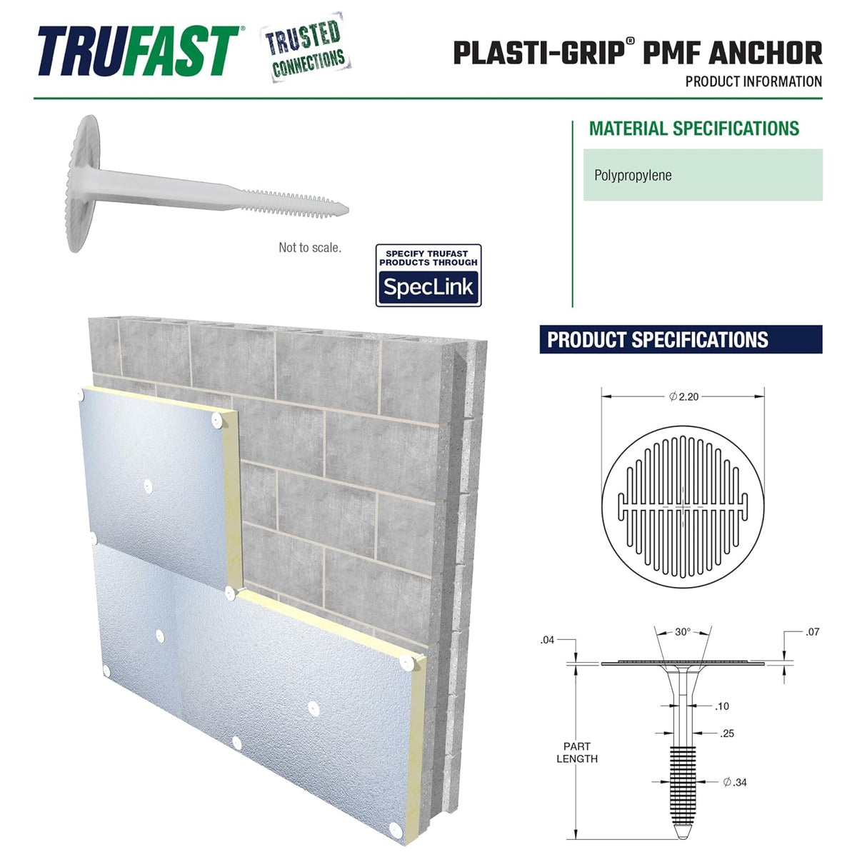 TruFast 5-3/8' Plasti-Grip PMF Fastener (200 EA) White Plastic Heavy-Duty Insulation Anchors for Securing on Masonry, Brick, Concrete, and Stone Walls