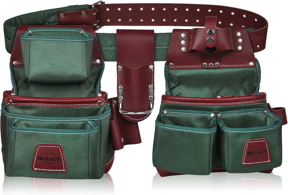 Nylon and Leather Tool Belt | Nylon Tool Pouch | Carpenter Tool Belt | Construction | Framers | Electrician Tool Belts | Drywall Tool Bags | Handyman | Electric (GREEN)