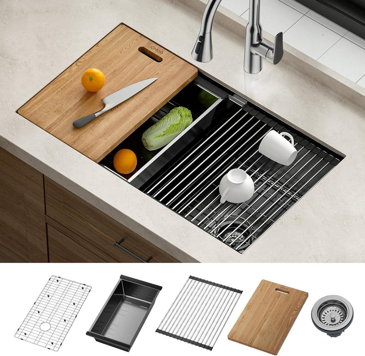 JOMOO 32‑Inch Nano‑Coated Stainless Steel Workstation Sink, 10″ Deep Single Bowl Undermount Kitchen Sinks, Handmade Topmount Sink Set with Accessories for Kitchen, Bar & RV