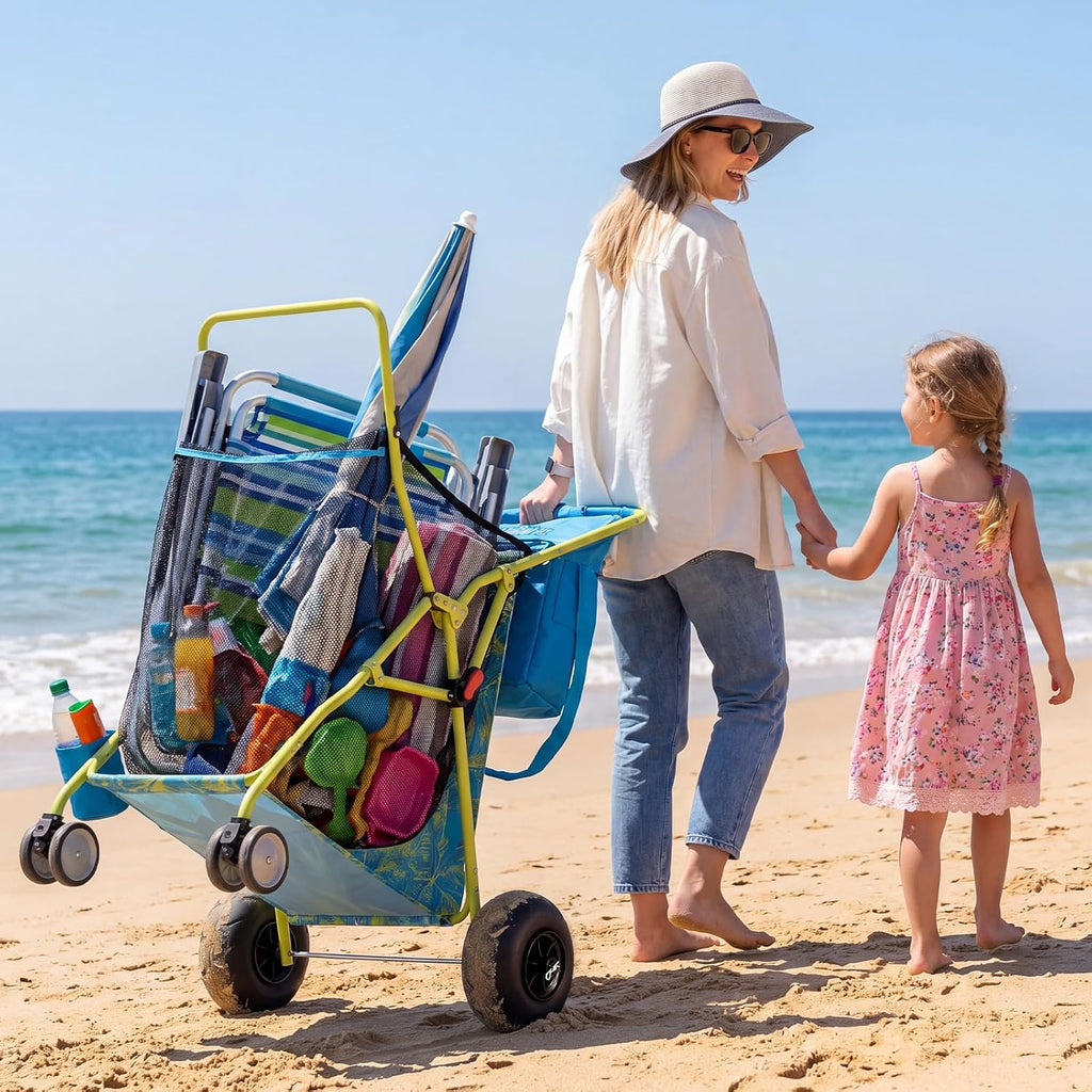 Old Bahama Bay Beach Cart with Big Balloon Wheels for Sand | Collapsible Beach Wagon with Cooler Bag, Umbrella Holder, Chair Rack & Large Mesh Storage, 100 LBS Capacity