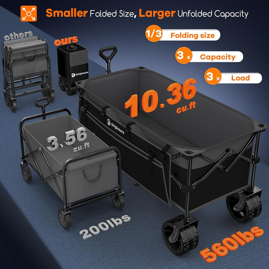 Originsure 48' L Collapsible Wagon Cart Foldable, 560lbs Weight Capacity 300L Heavy Duty Folding Beach Wagons with Big All-Terrain Wheels, Utility Carts for Groceries, Camping, Sports - Grey&Black