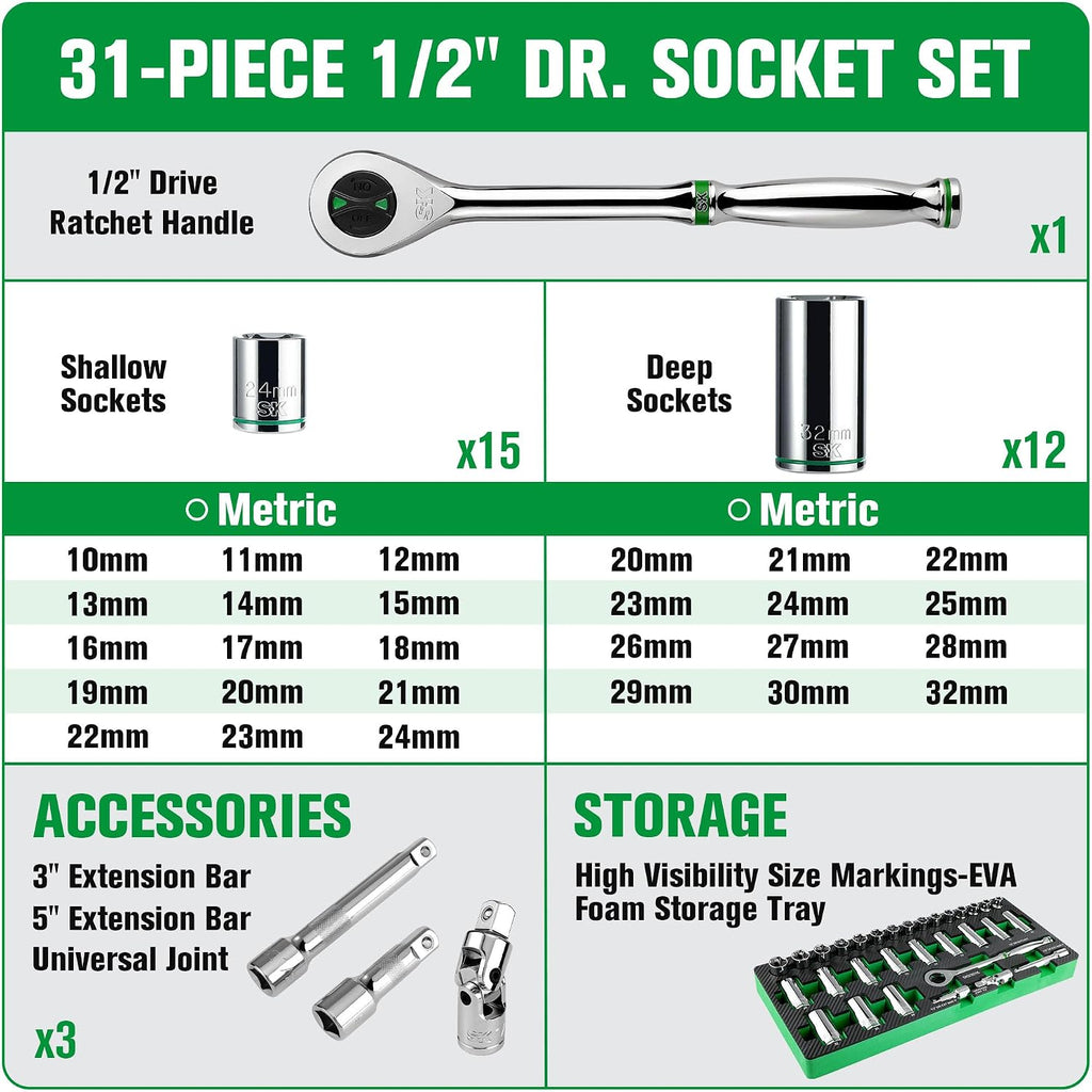 SK 1/2' Drive Socket Set with 160-P Ratchet, 31-Piece, Metric, SuperKrome Finish, Premium CR-V Construction, with EVA Foam Tool Organizer