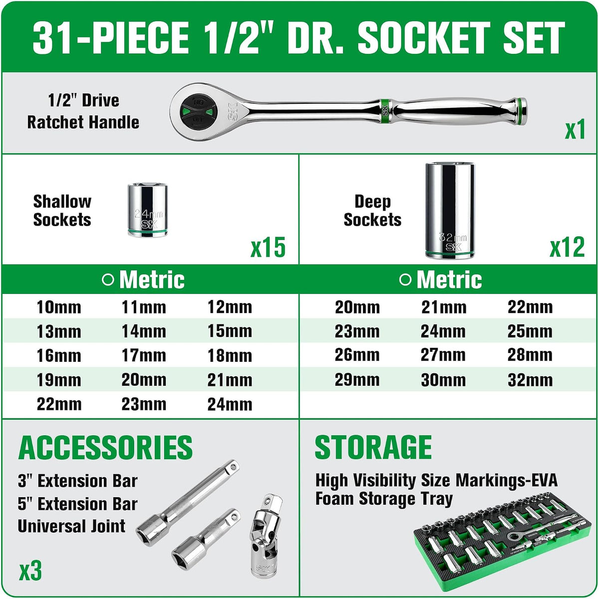 SK 1/2' Drive Socket Set with 160-P Ratchet, 31-Piece, Metric, SuperKrome Finish, Premium CR-V Construction, with EVA Foam Tool Organizer