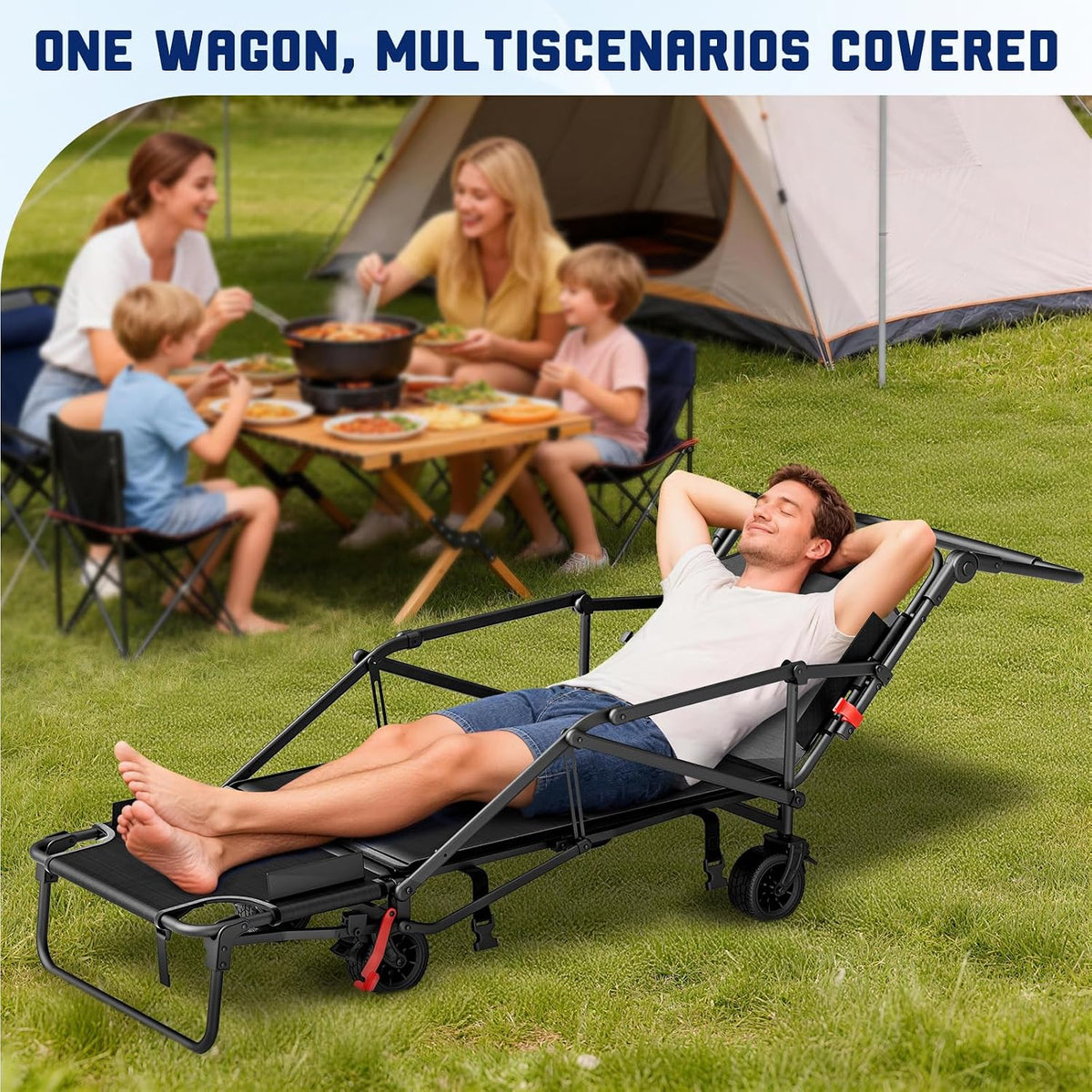 LEVELEVE Heavy Duty Folding Wagon - 2-in-1 Collapsible Cart, 400lb Capacity, All-Terrain Wheels w/Brakes & Side Pockets (Black)