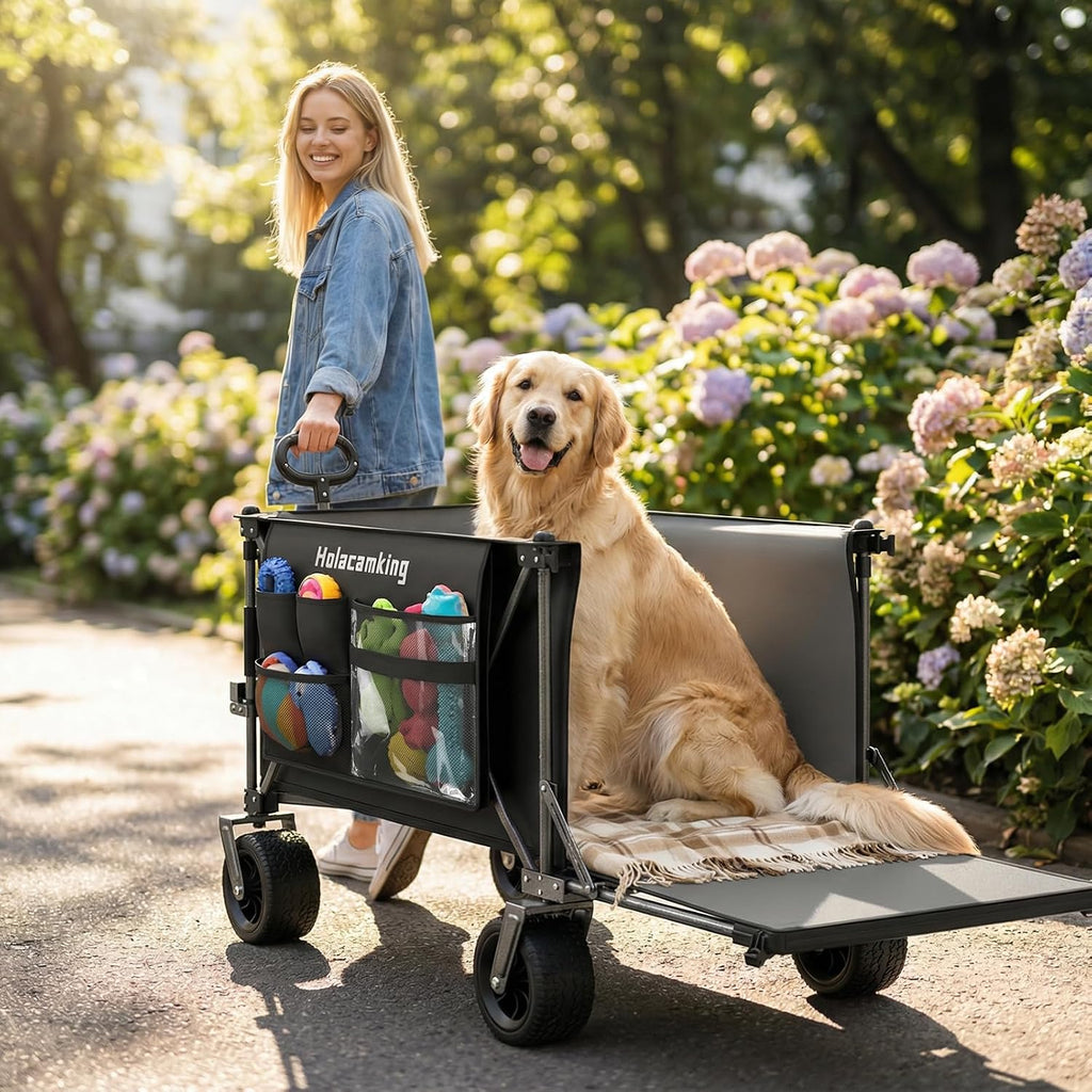 58'L Extender Collapsible Wagon, Extra Long Foldable Wagon Cart with Extended Tailgate, Heavy Duty Rolling Utility Cart with All-Terrain Big Wheels for Shopping Sports Beach, Black