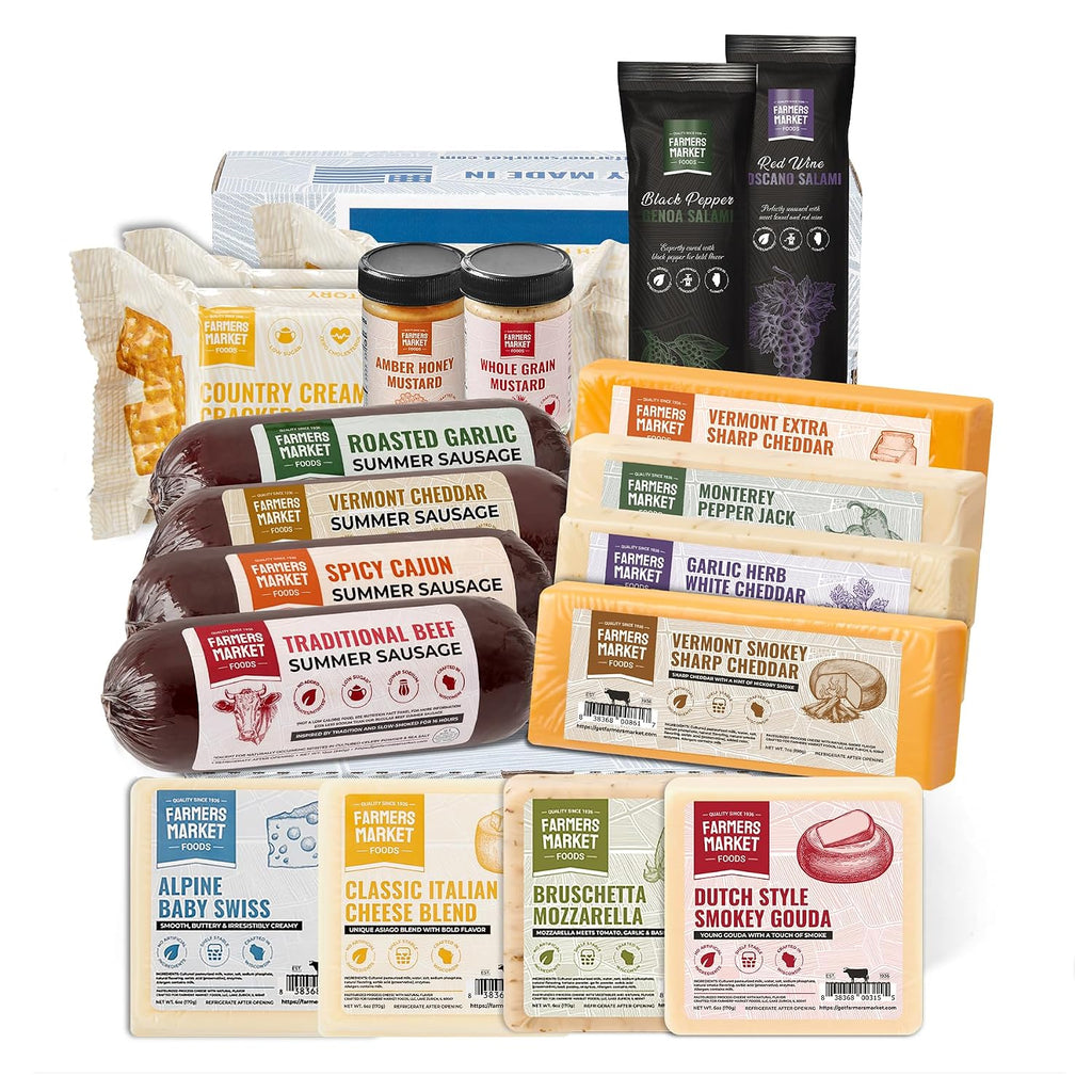 Farmers Market Charcuterie Gift Basket – Gourmet Meat & Cheese Gift Box with Summer Sausage, Wisconsin Cheese, Salami, Crackers & Mustard – Shelf Stable, Keto Friendly Food Gift for Father's Day, Holidays and Entertaining