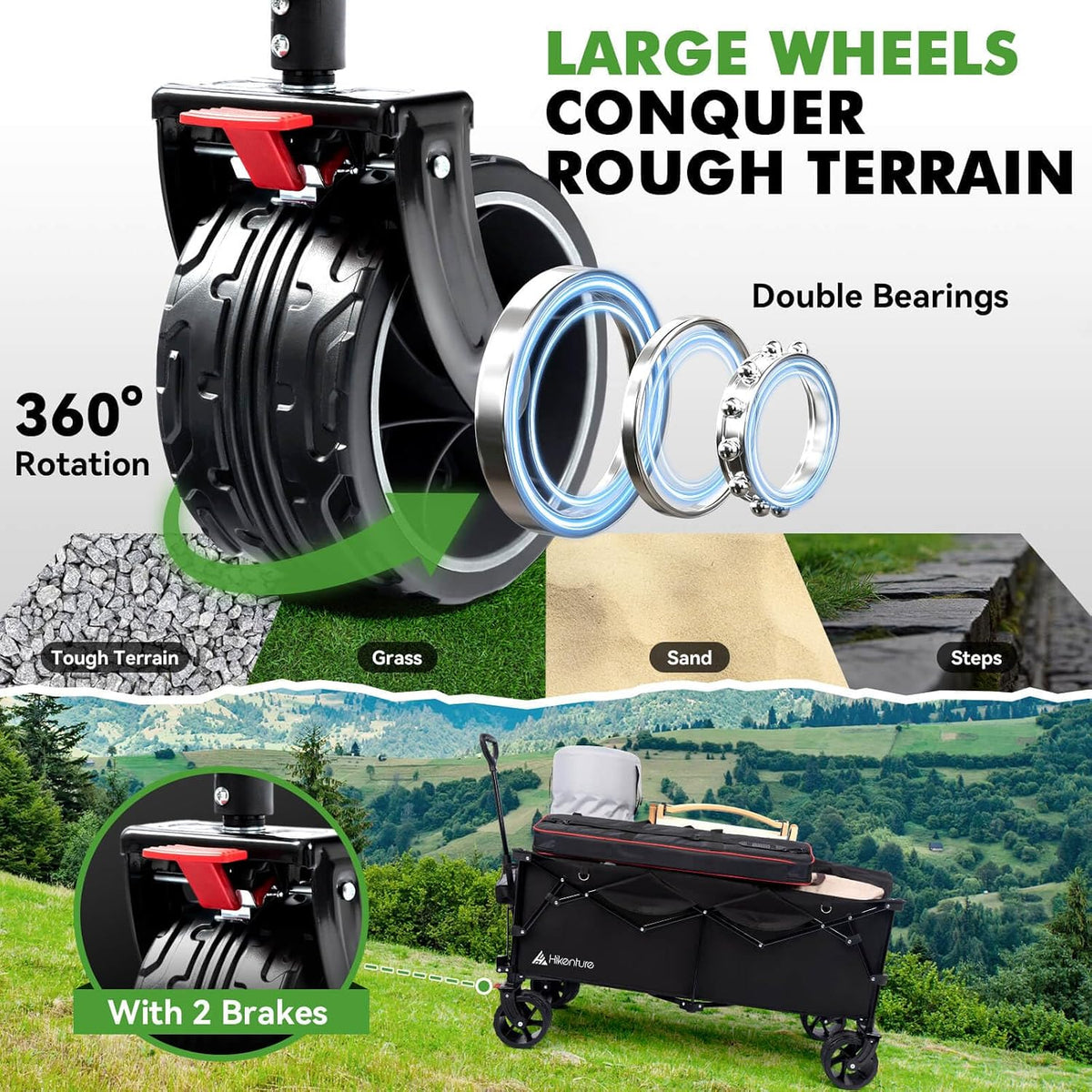 Hikenture Extended Collapsible Wagon, 500 LBS Wagons Carts Foldable, Heavy Duty Beach Wagon with Big Wheels for Sand, 300L Large Capacity Foldable Wagons, Utility Grocery Cart for Garden, Sports