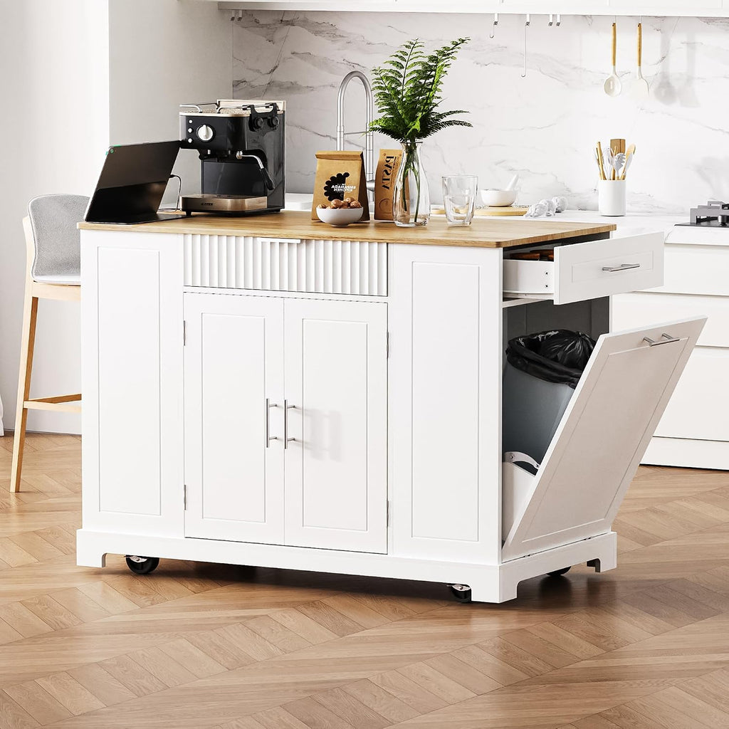 Fluted Rolling Kitchen Island Cart on 5 Wheels with Trash Can Storage Cabinet, Power Outlet, 3 Drawer, 3 Open Side Racks, 10 Gallon Garbage Bin for Kitchen, Dining Room, White
